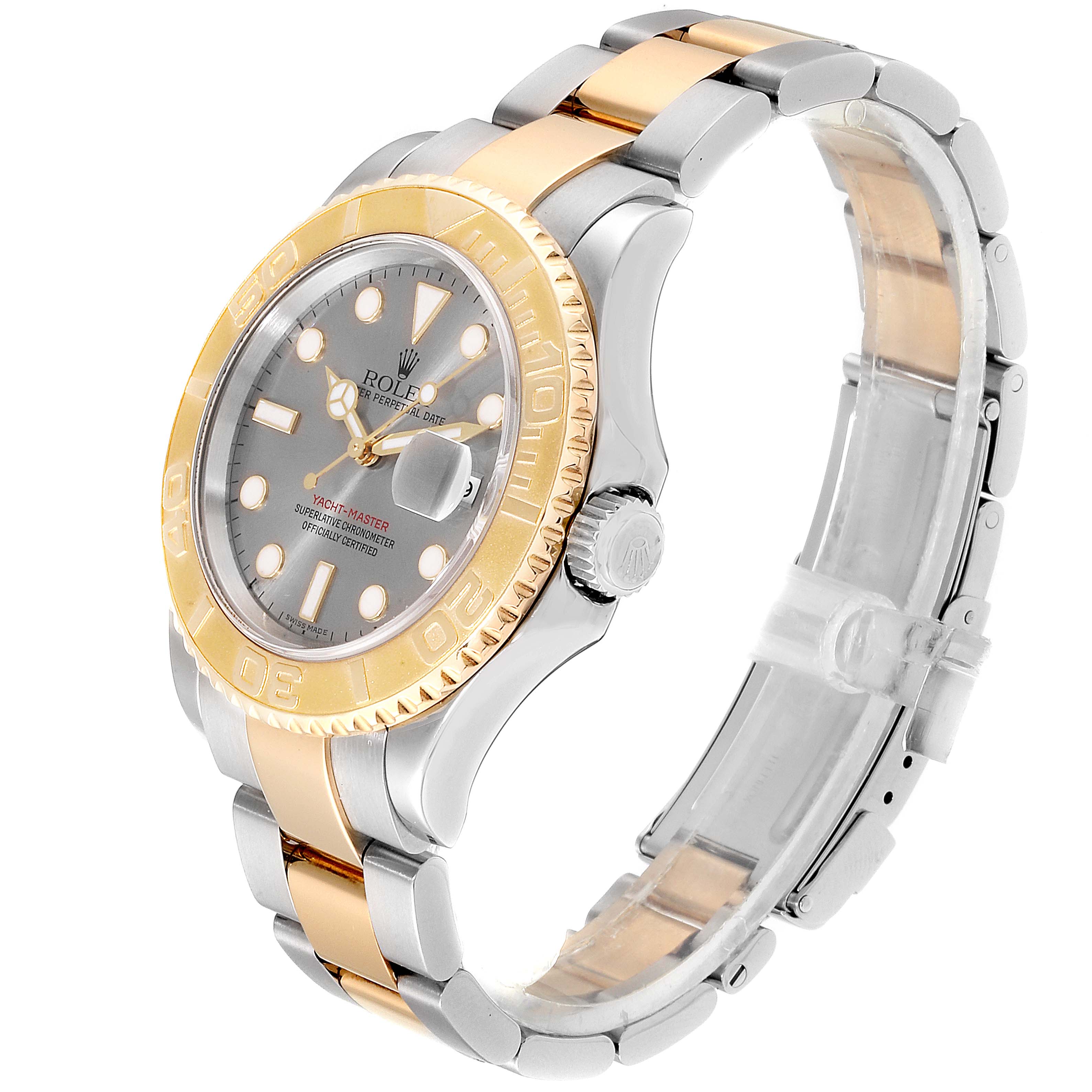 The Rolex Yacht-Master 16623  Men's Steel and Gold (two tone) Grey Dial 16623  Men's Steel and Gold (two tone) Grey Dial watch is shown at a three-quarter angle, highlighting its two-tone bracelet, bezel, and face.