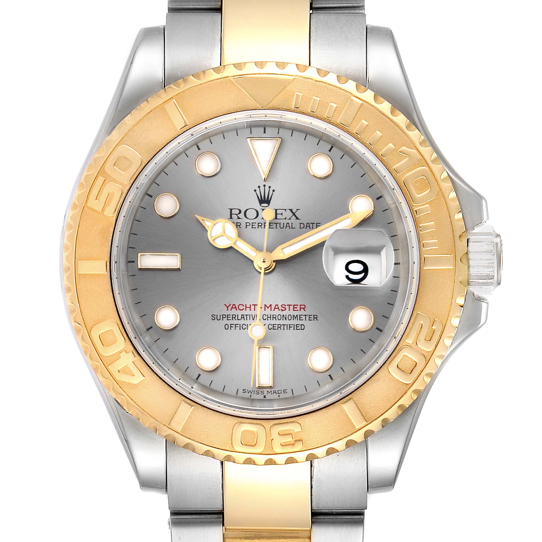This image shows a front view of a Rolex Yacht-Master 16623  Men's Steel and Gold (two tone) Grey Dial 16623  Men's Steel and Gold (two tone) Grey Dial watch, highlighting its dial, bezel, and part of the bracelet.