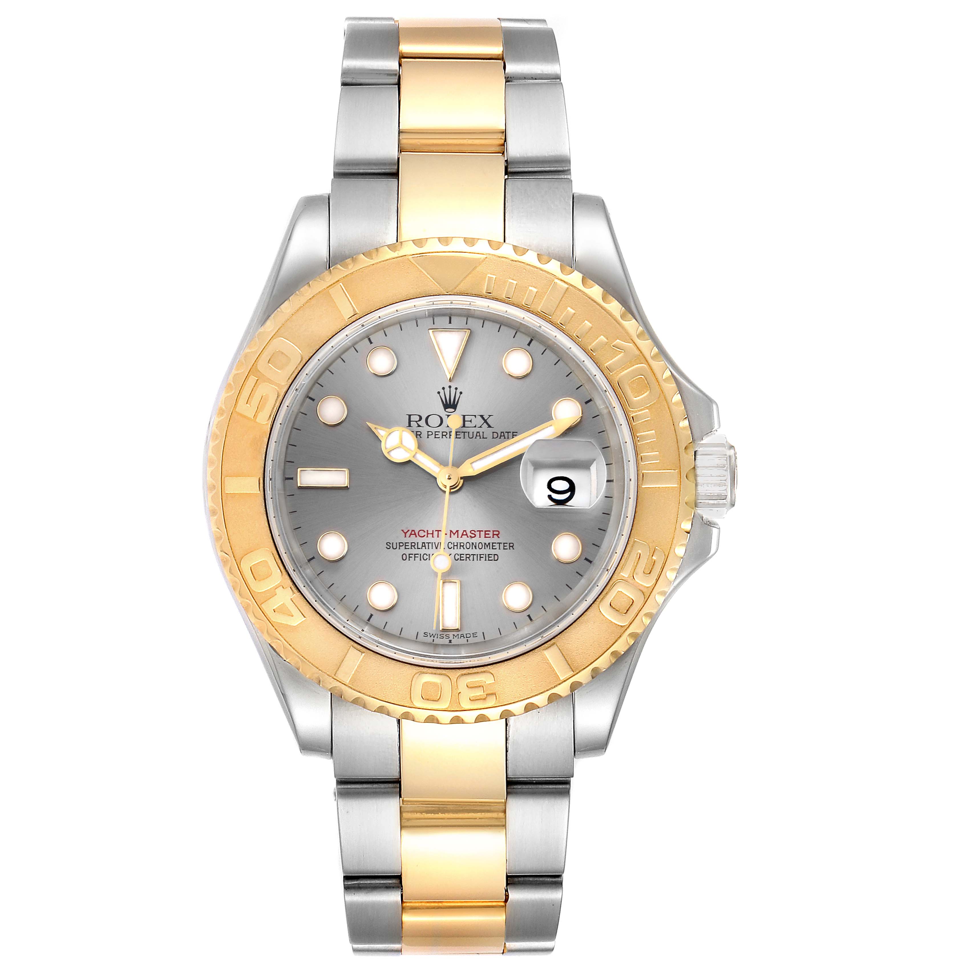 The image shows a front view of a Rolex Yacht-Master 16623  Men's Steel and Gold (two tone) Grey Dial 16623  Men's Steel and Gold (two tone) Grey Dial watch, displaying the dial, bezel, and bracelet.