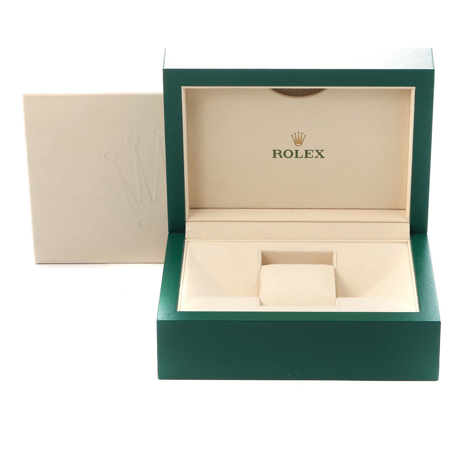 The image shows an open Rolex watch box for the Yacht-Master model, with the lid hinged upward.