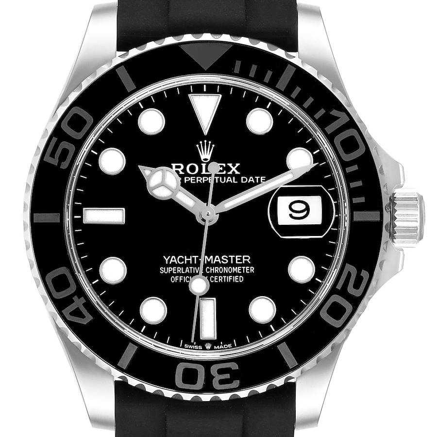 The Rolex Yacht-Master watch is shown from the front, displaying its dial, bezel, and part of the strap.
