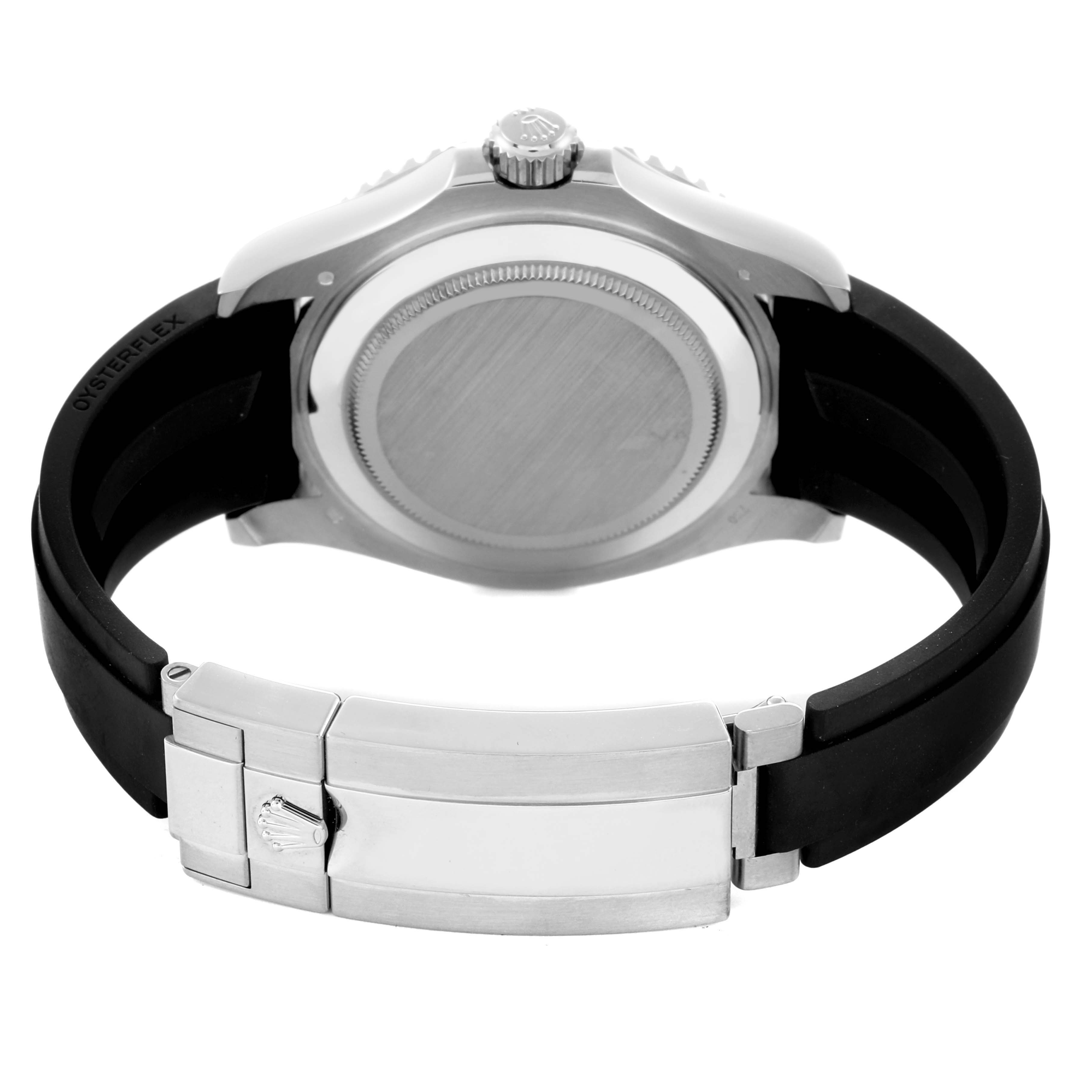 The Rolex Yacht-Master 226659 Men's White Gold Black Dial 226659 Men's White Gold Black Dial watch is shown from a rear angle, highlighting the case back, crown, and rubber strap with clasp.