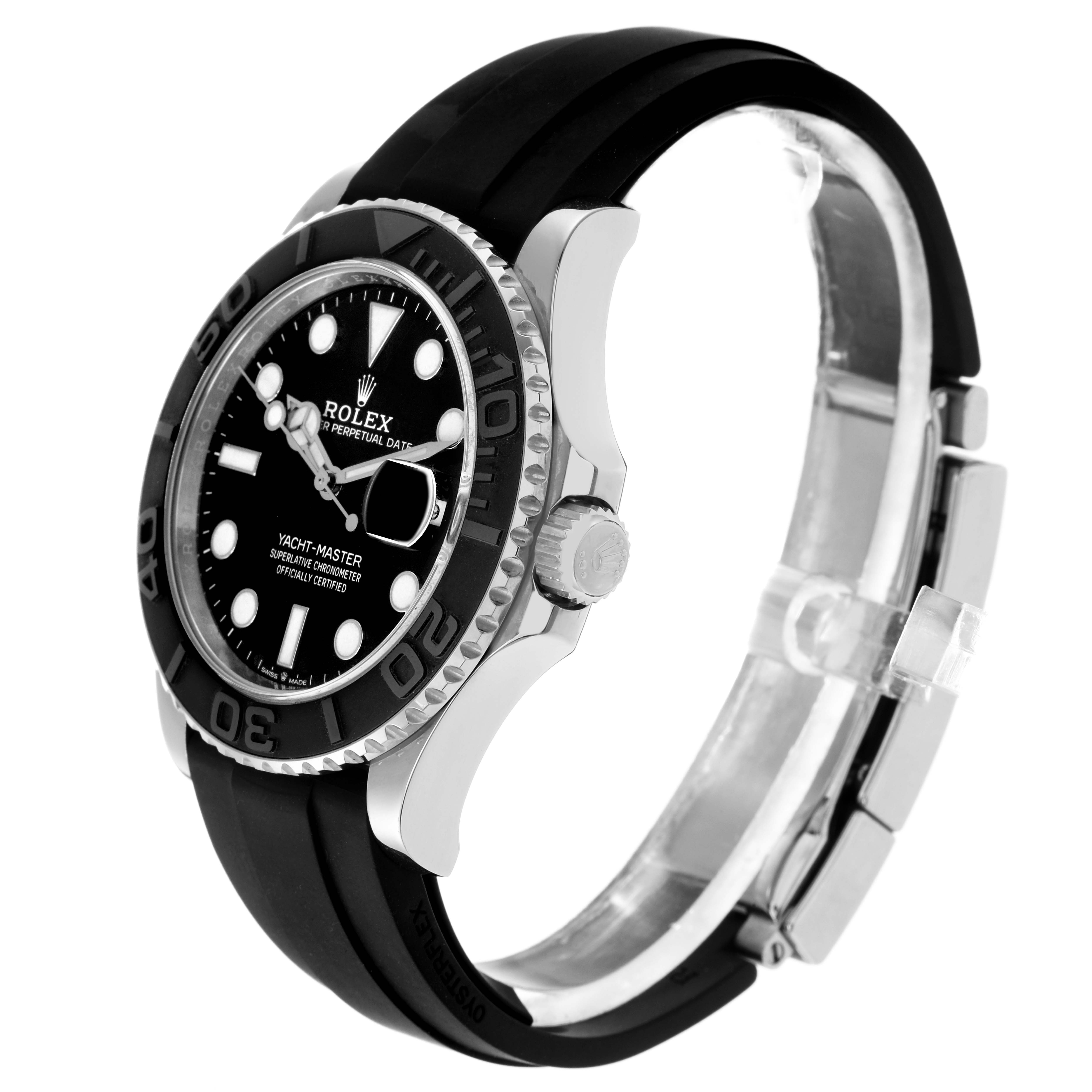 The Rolex Yacht-Master 226659 Men's White Gold Black Dial 226659 Men's White Gold Black Dial watch is shown at a side angle, displaying the case, bezel, crown, and part of the band.