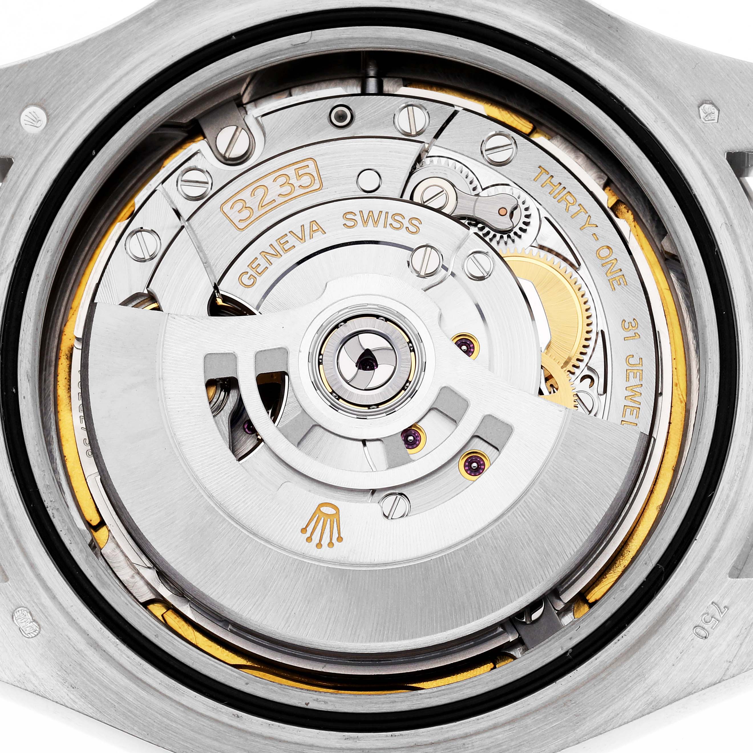 The image shows the movement of a Rolex Yacht-Master 226659 Men's White Gold Black Dial 226659 Men's White Gold Black Dial watch from a back angle, displaying its intricate mechanisms and rotor.