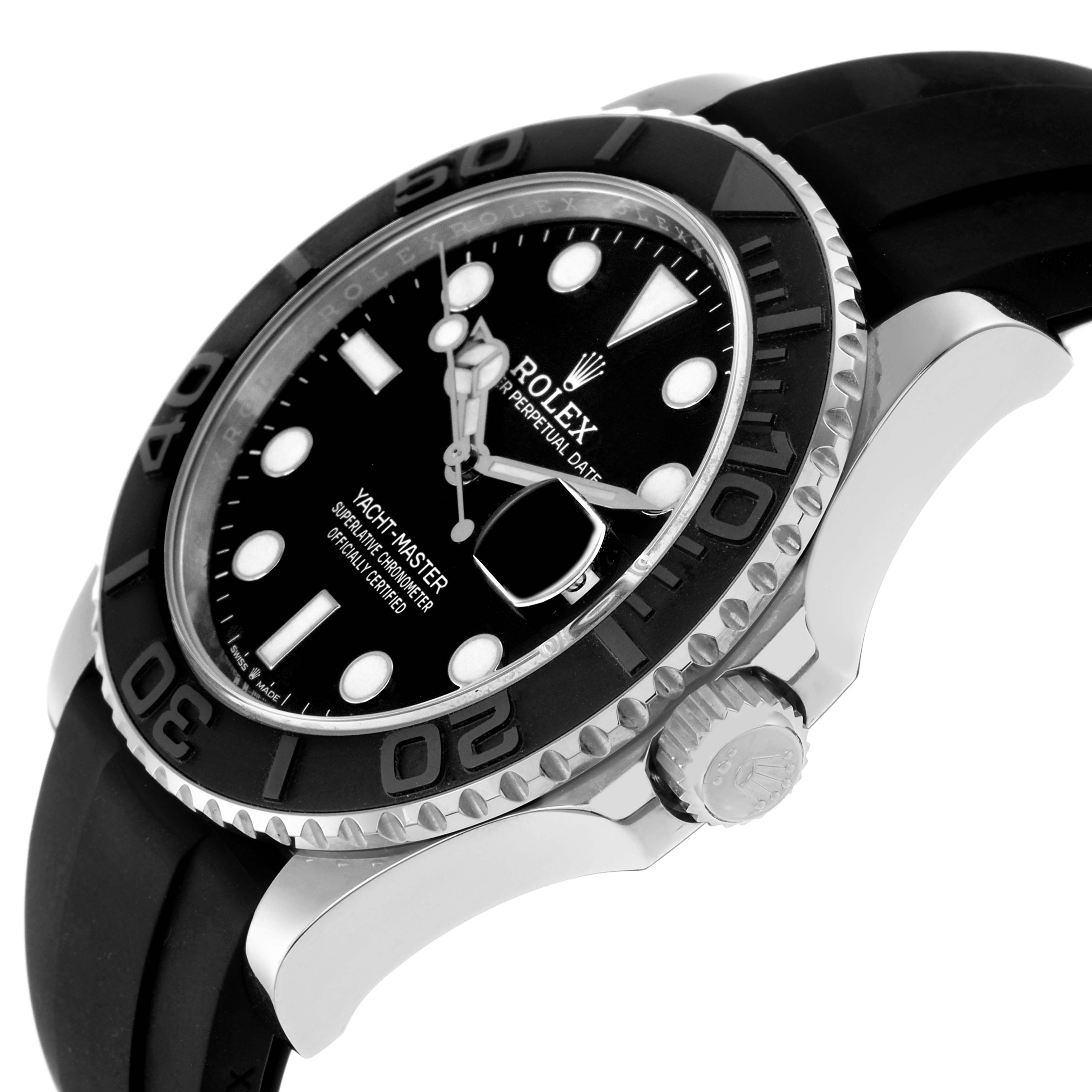 The Rolex Yacht-Master 226659 Men's White Gold Black Dial 226659 Men's White Gold Black Dial is shown at an angled side view, highlighting the bezel, dial, crown, and rubber strap.