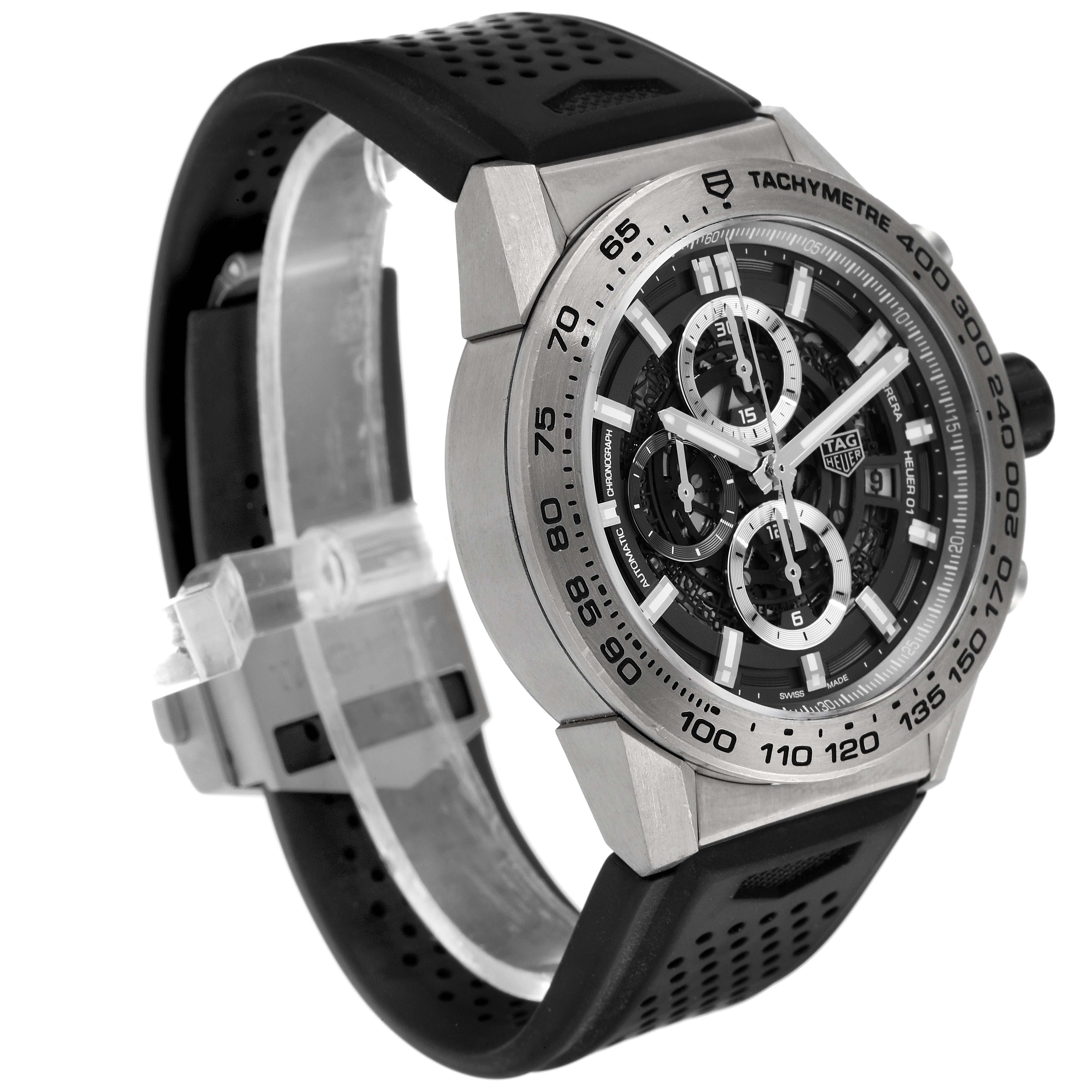 The image shows a close-up, angled front view of a Tag Heuer Carrera CAR2A8A.FT6072 Men's Titanium Grey Dial CAR2A8A.FT6072 Men's Titanium Grey Dial watch, highlighting its dial, bezel, and strap.