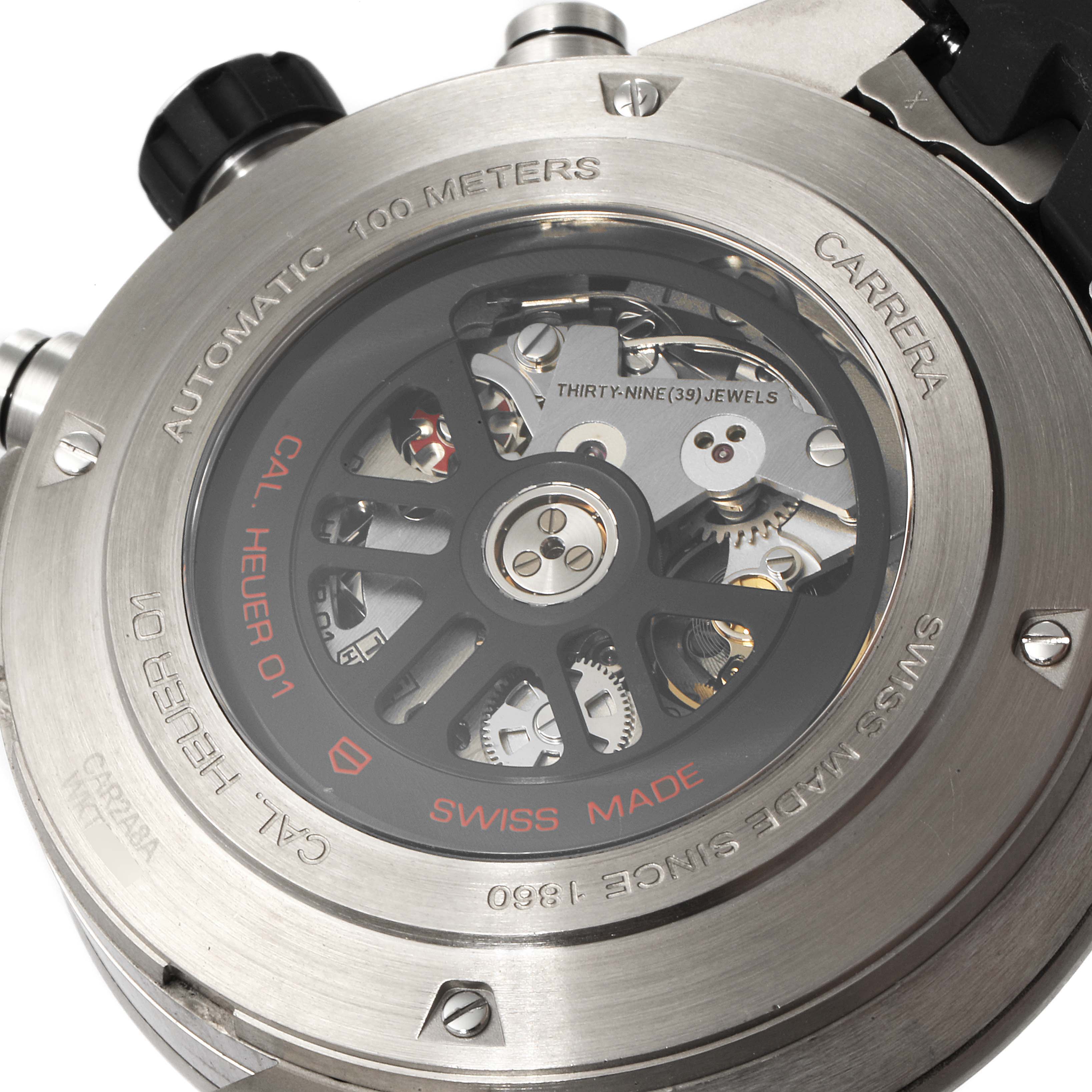 The image shows the back view of the Tag Heuer Carrera CAR2A8A.FT6072 Men's Titanium Grey Dial CAR2A8A.FT6072 Men's Titanium Grey Dial watch, highlighting its automatic movement and internal mechanics.