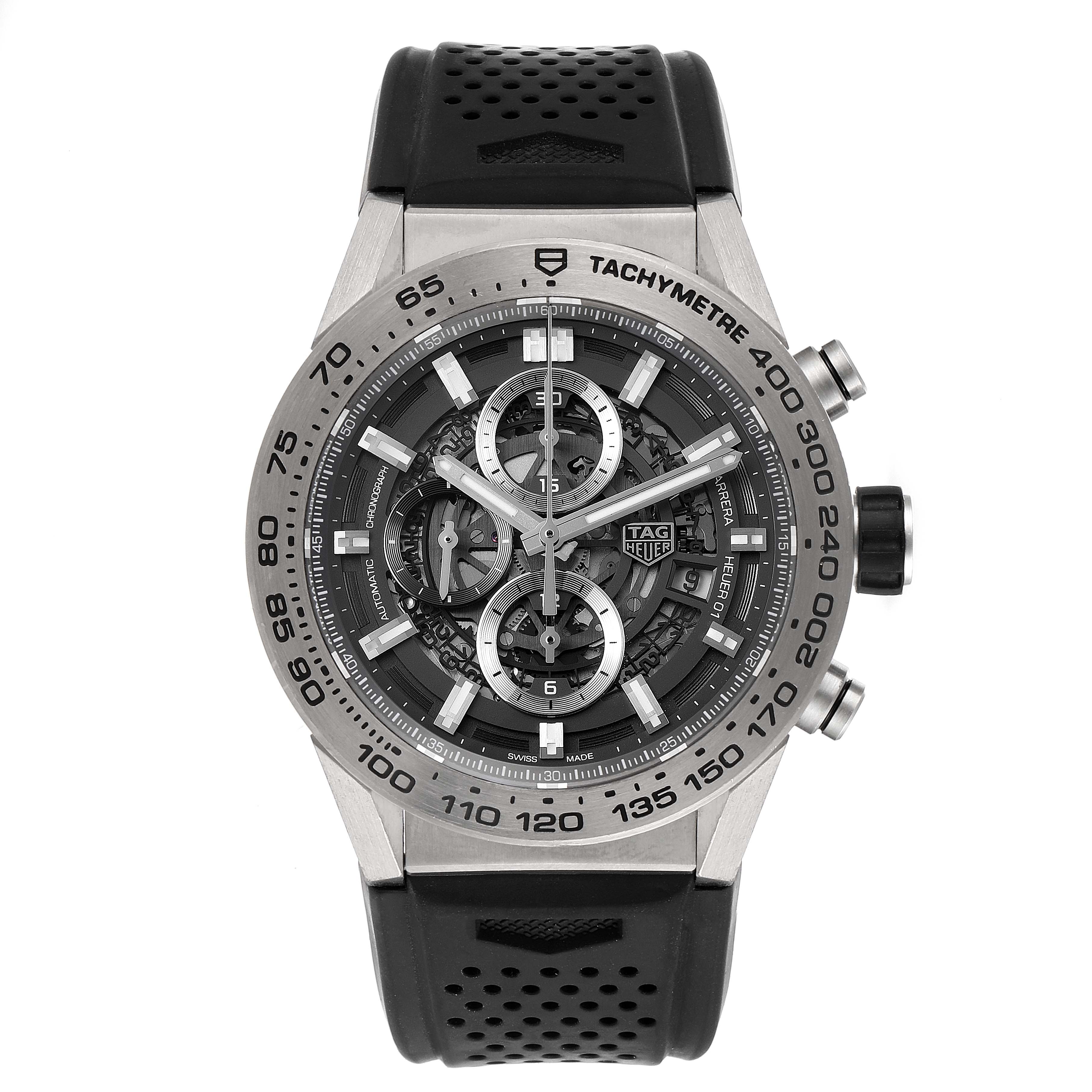 This image shows a frontal view of a Tag Heuer Carrera CAR2A8A.FT6072 Men's Titanium Grey Dial CAR2A8A.FT6072 Men's Titanium Grey Dial watch, highlighting its dial, tachymeter bezel, and black rubber strap.