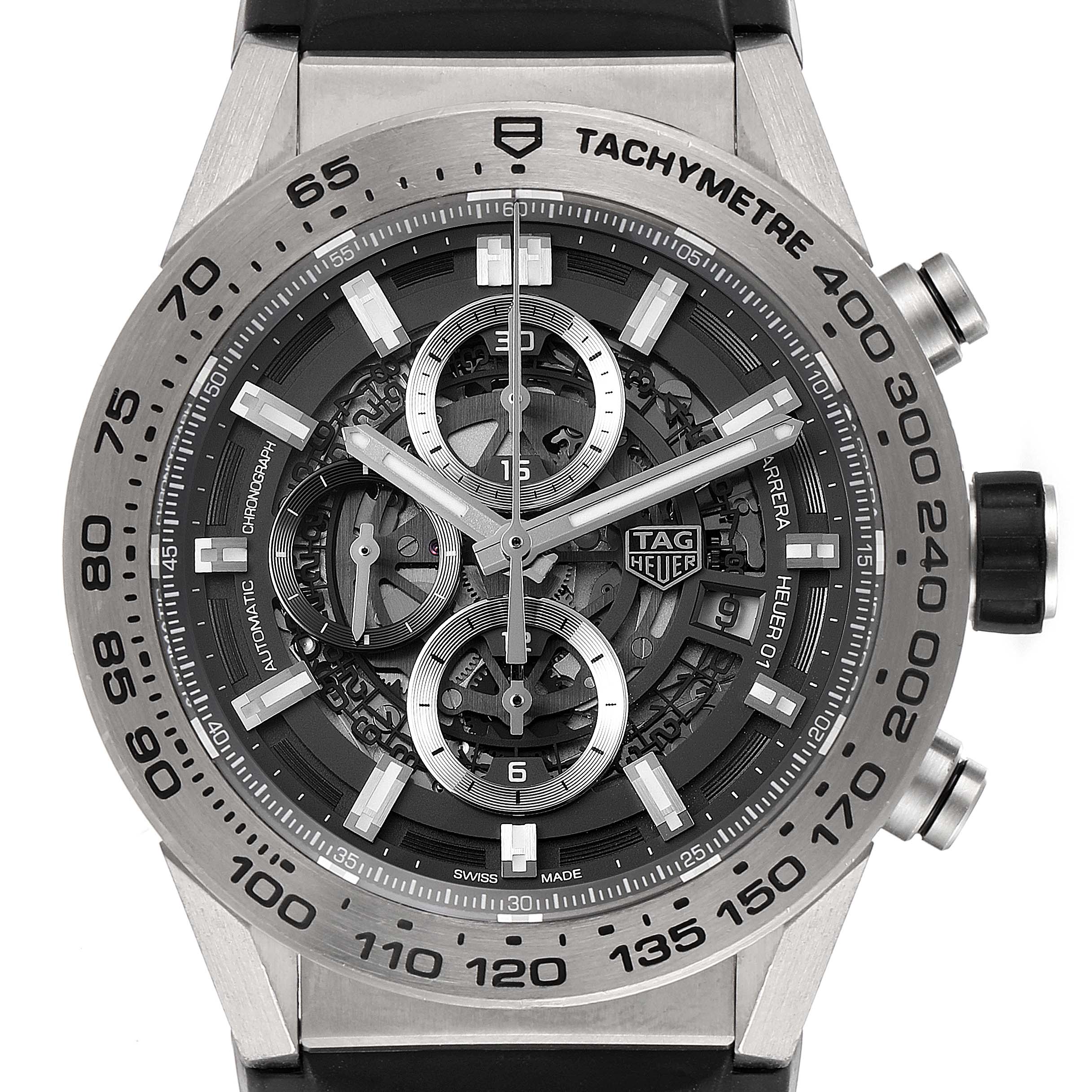 The image shows a Tag Heuer Carrera CAR2A8A.FT6072 Men's Titanium Grey Dial CAR2A8A.FT6072 Men's Titanium Grey Dial watch from a front angle, highlighting its dial, tachymeter bezel, and chronograph sub-dials.