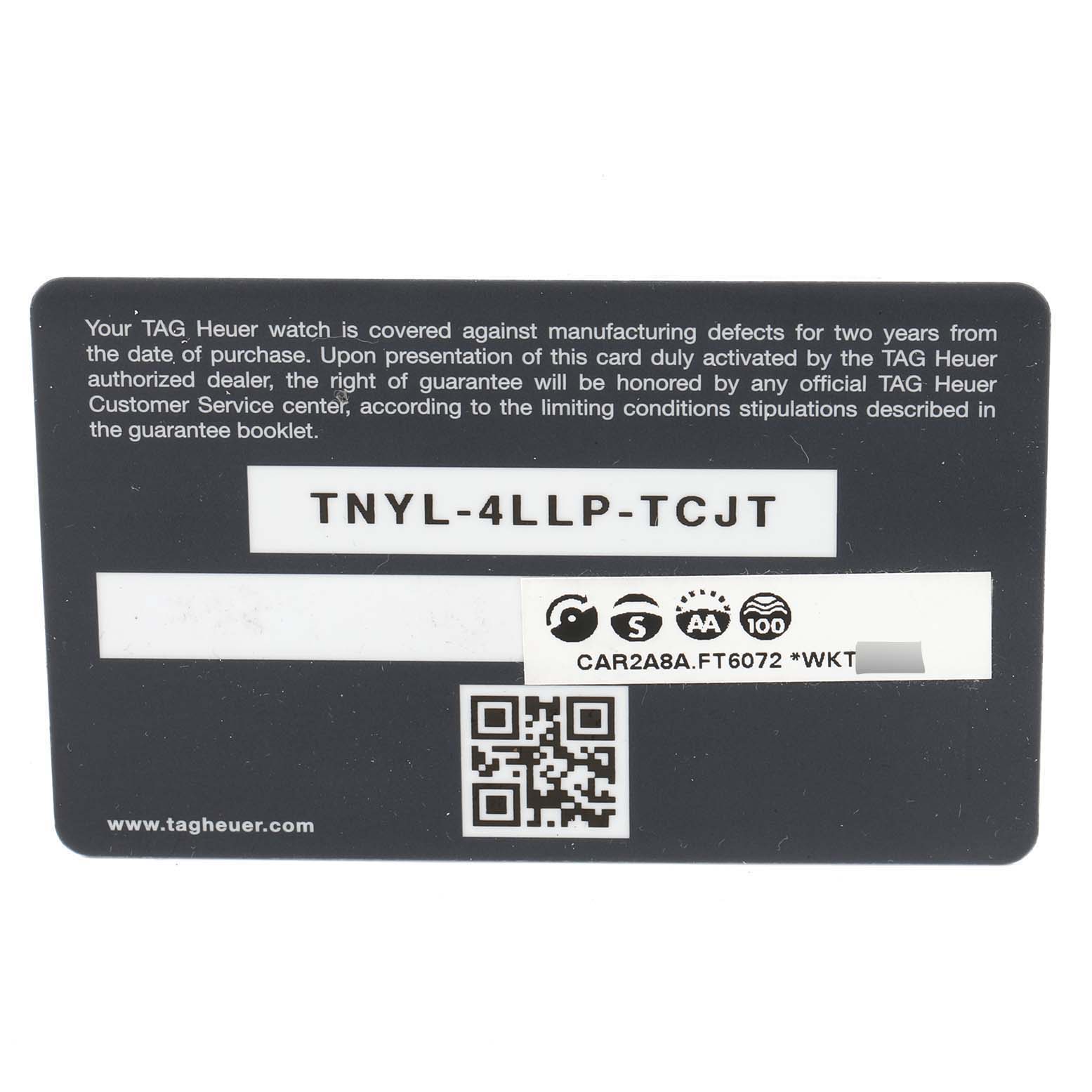 This image shows a warranty card for a Tag Heuer Carrera CAR2A8A.FT6072 Men's Titanium Grey Dial CAR2A8A.FT6072 Men's Titanium Grey Dial model watch.