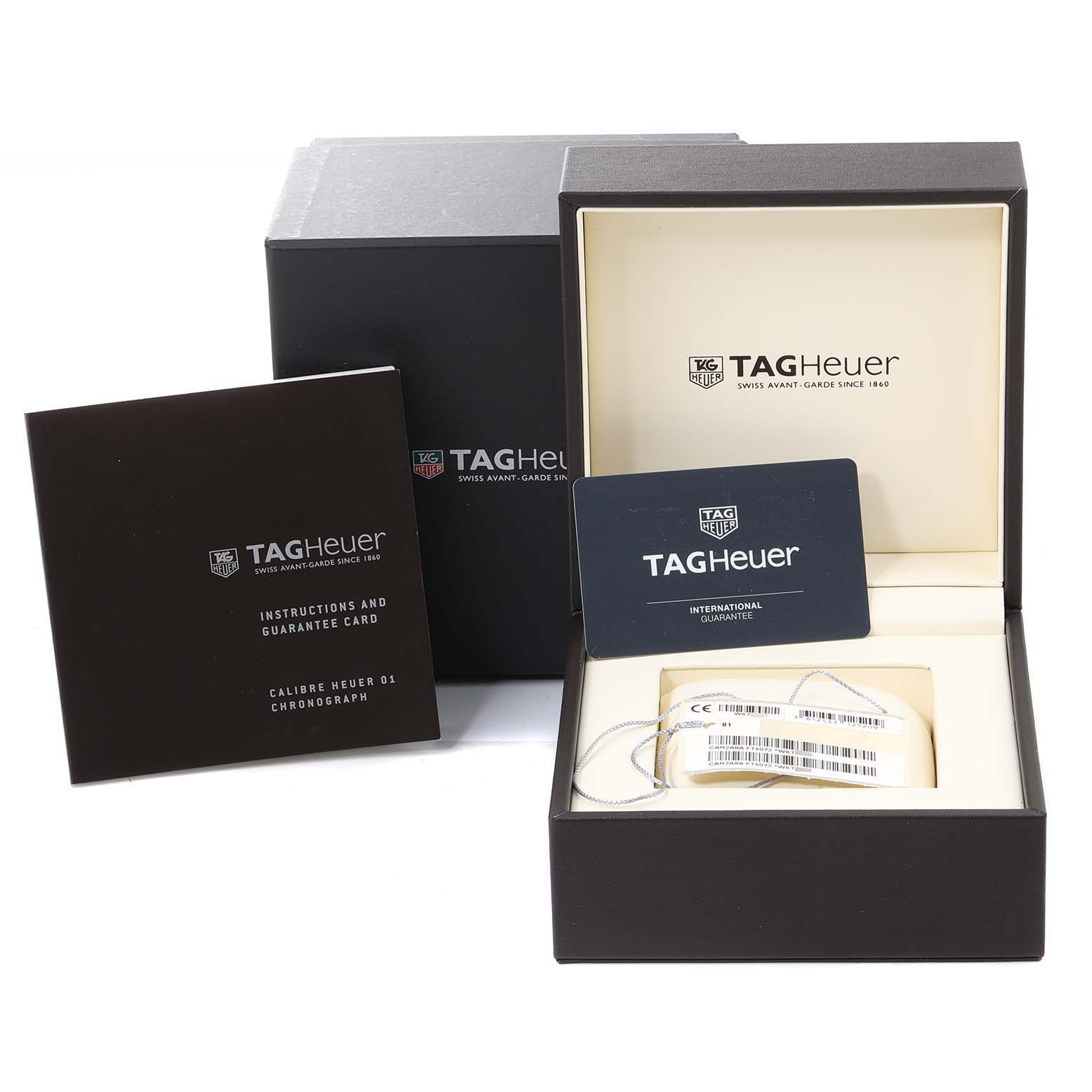 The image shows the packaging, guarantee card, and manual for a Tag Heuer Carrera CAR2A8A.FT6072 Men's Titanium Grey Dial CAR2A8A.FT6072 Men's Titanium Grey Dial watch.