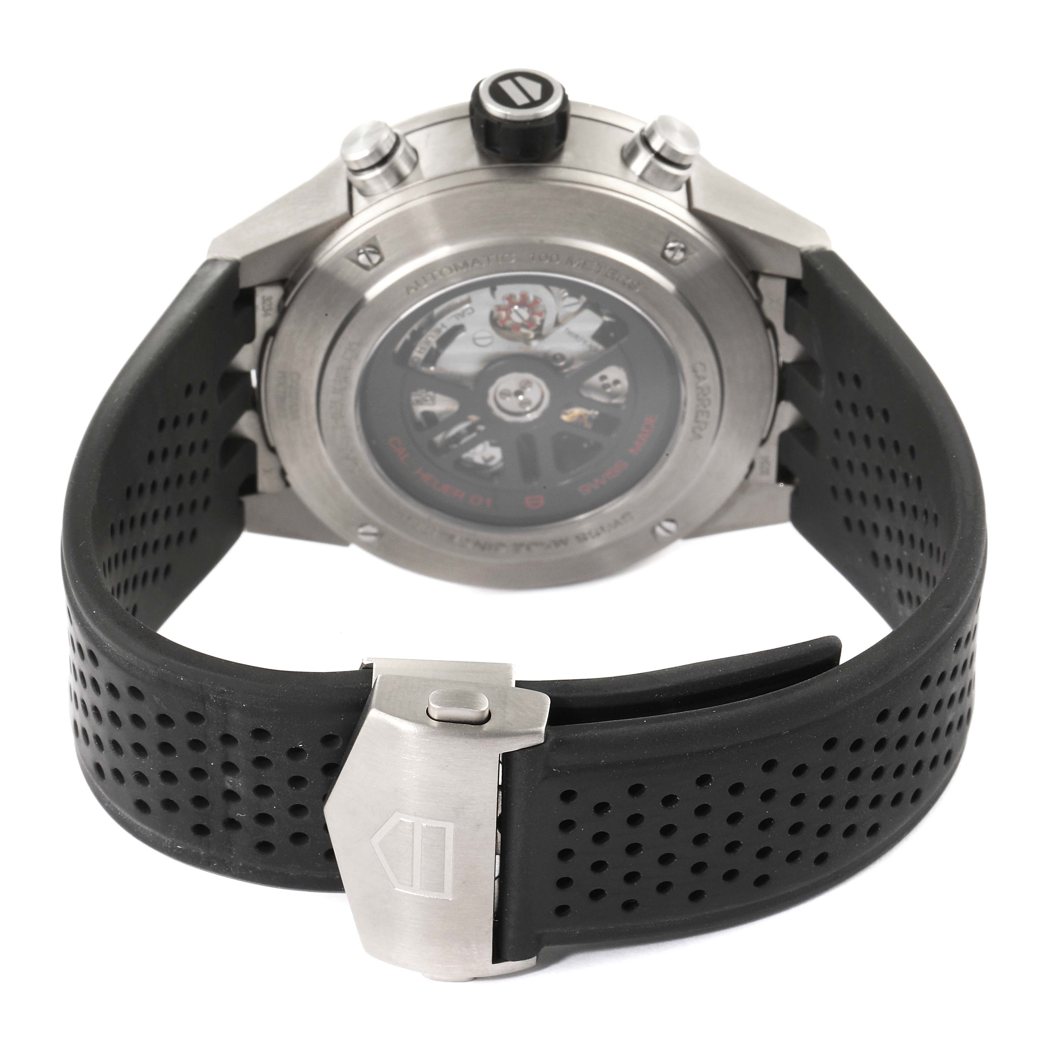 The image shows the rear case and black perforated strap of a Tag Heuer Carrera CAR2A8A.FT6072 Men's Titanium Grey Dial CAR2A8A.FT6072 Men's Titanium Grey Dial watch.