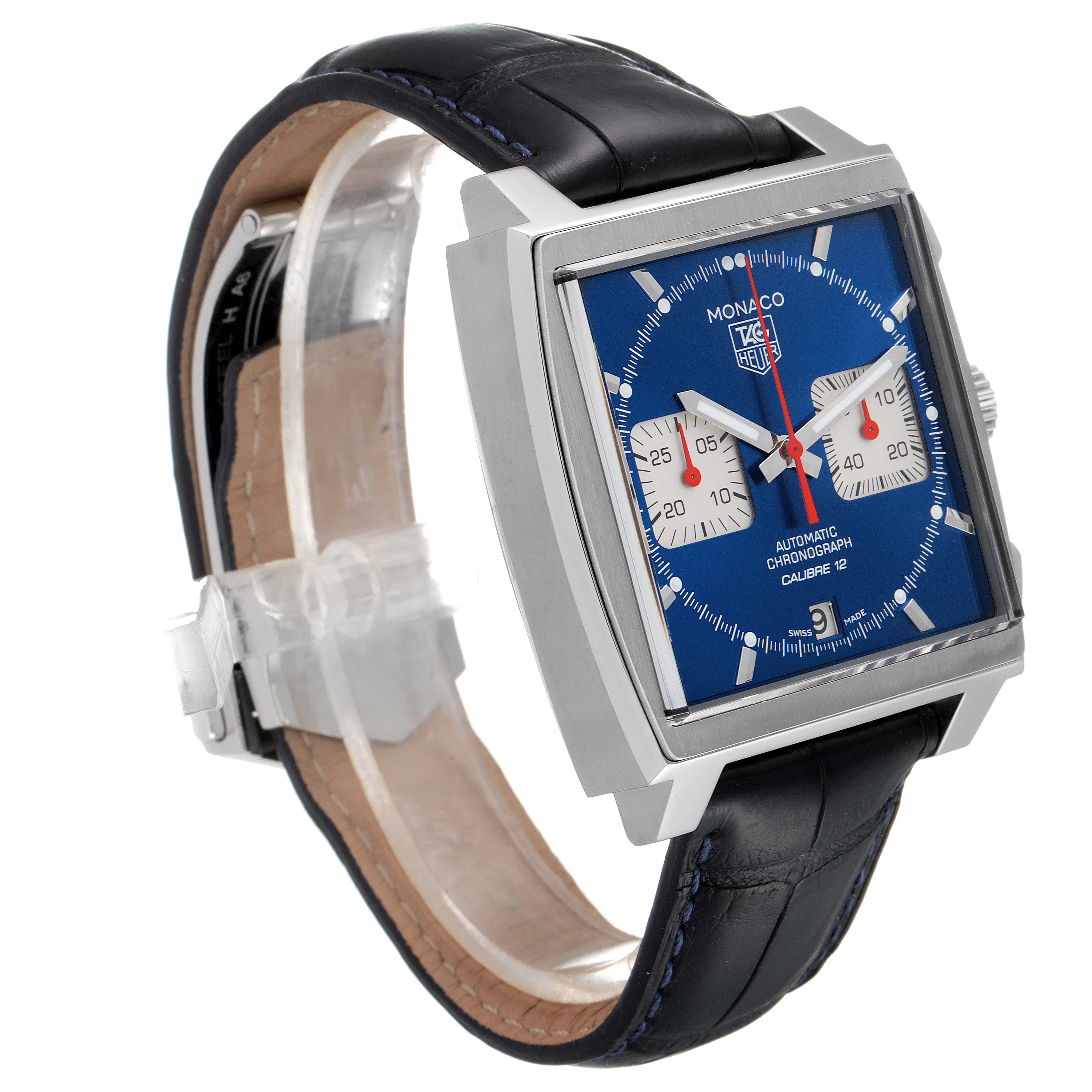 This image shows the Tag Heuer Monaco CAW2111 Men's Stainless Steel Blue Dial CAW2111 Men's Stainless Steel Blue Dial model watch from an angled side view, highlighting its blue square dial and leather strap.