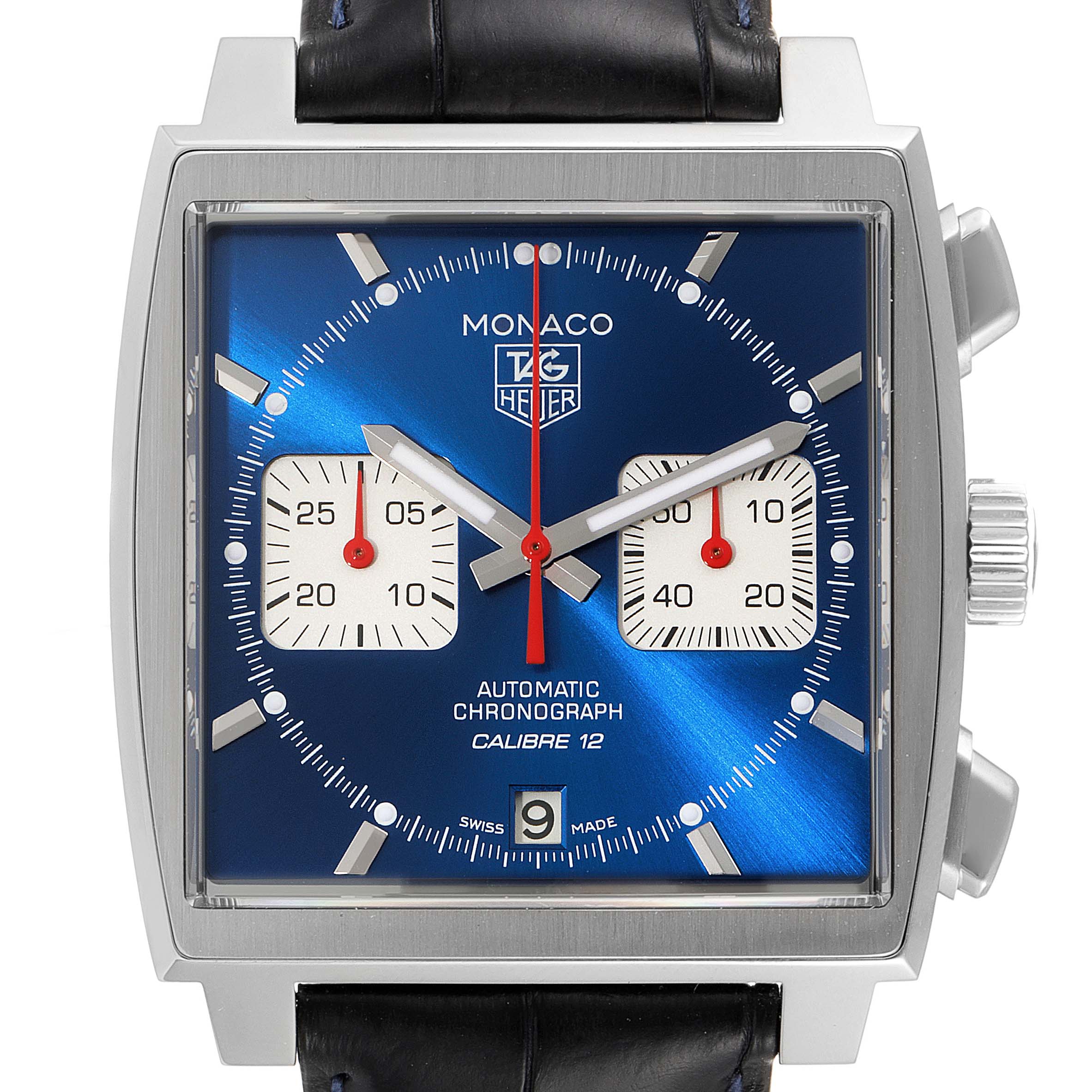 The Tag Heuer Monaco CAW2111 Men's Stainless Steel Blue Dial CAW2111 Men's Stainless Steel Blue Dial watch is shown from the front, displaying its square face with a blue dial and white subdials.