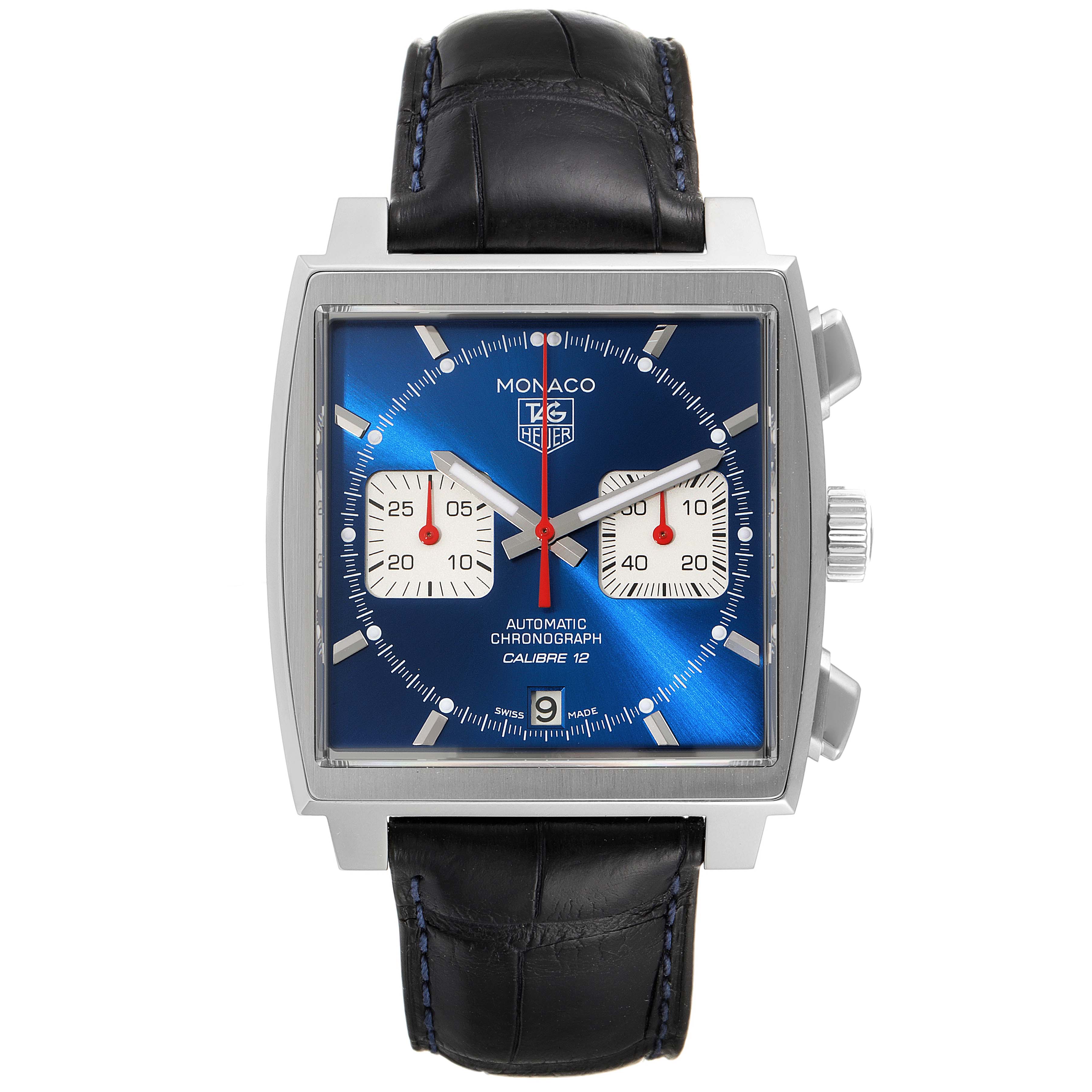The Tag Heuer Monaco CAW2111 Men's Stainless Steel Blue Dial CAW2111 Men's Stainless Steel Blue Dial model watch is shown from the front, highlighting its square face, black strap, and two sub-dials.