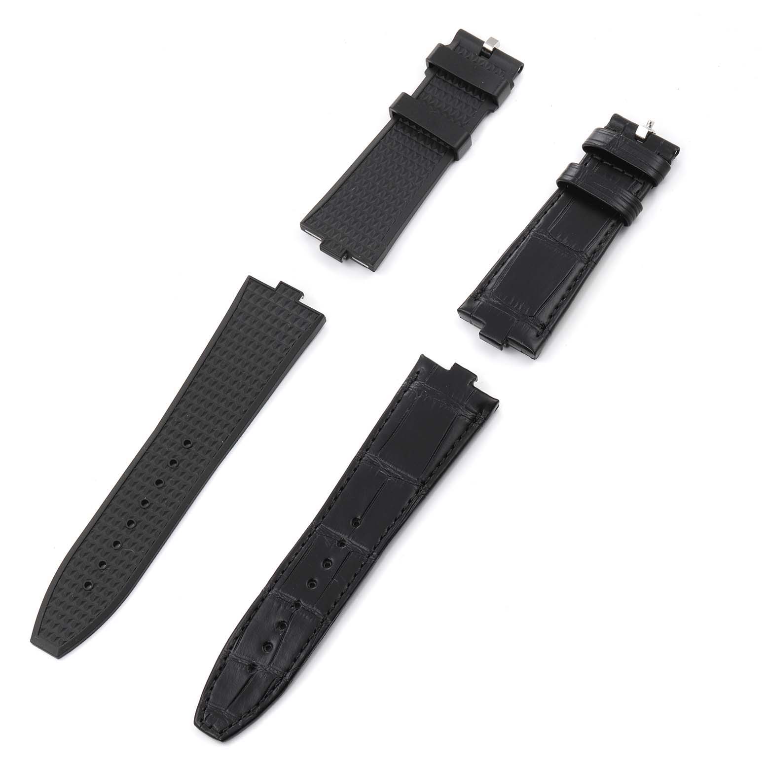 This image shows two sets of interchangeable black straps for the Vacheron Constantin Overseas 5500V/110A Men's Stainless Steel Black Dial 5500V/110A Men's Stainless Steel Black Dial model, displayed from above.
