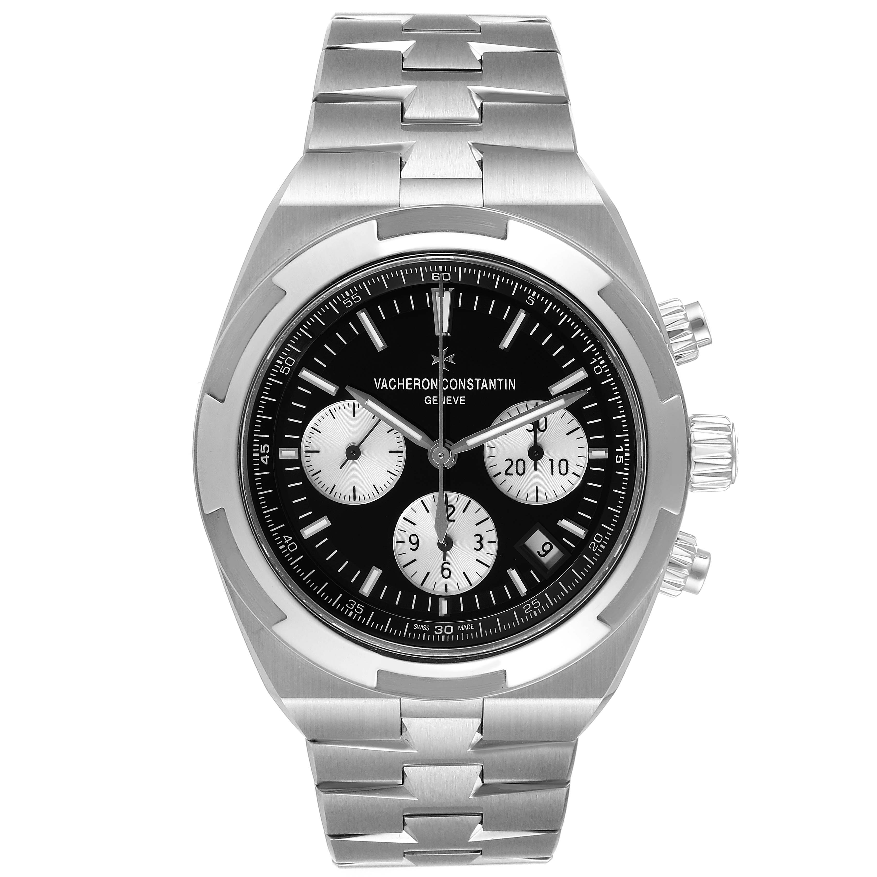 The image shows a Vacheron Constantin Overseas 5500V/110A Men's Stainless Steel Black Dial 5500V/110A Men's Stainless Steel Black Dial model watch from a front view, displaying its face, dial, and bracelet.