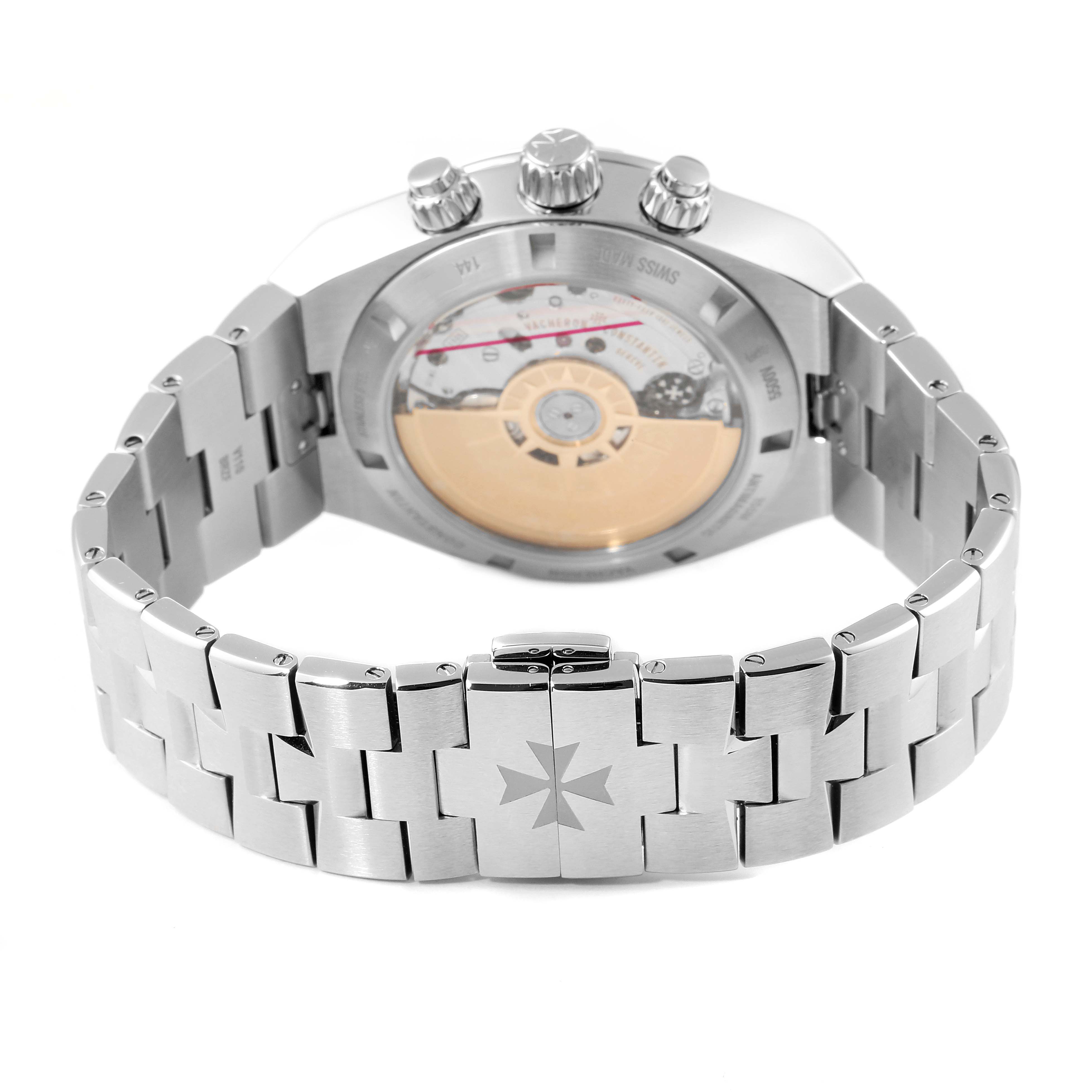 The image shows the rear view of the Vacheron Constantin Overseas 5500V/110A Men's Stainless Steel Black Dial 5500V/110A Men's Stainless Steel Black Dial watch, highlighting its open caseback and metal bracelet.