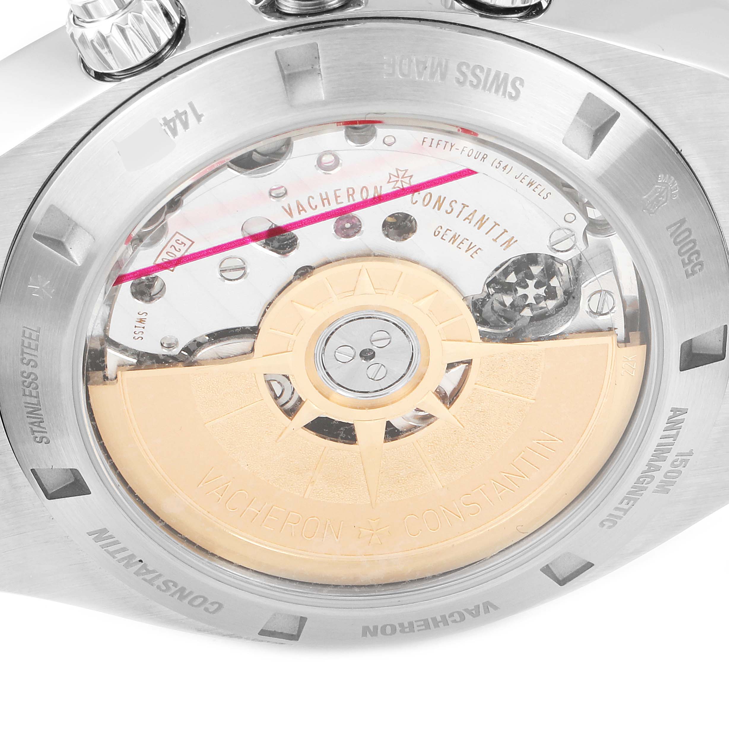 The image shows the back case of the Vacheron Constantin Overseas 5500V/110A Men's Stainless Steel Black Dial 5500V/110A Men's Stainless Steel Black Dial watch, highlighting the movement and rotor.