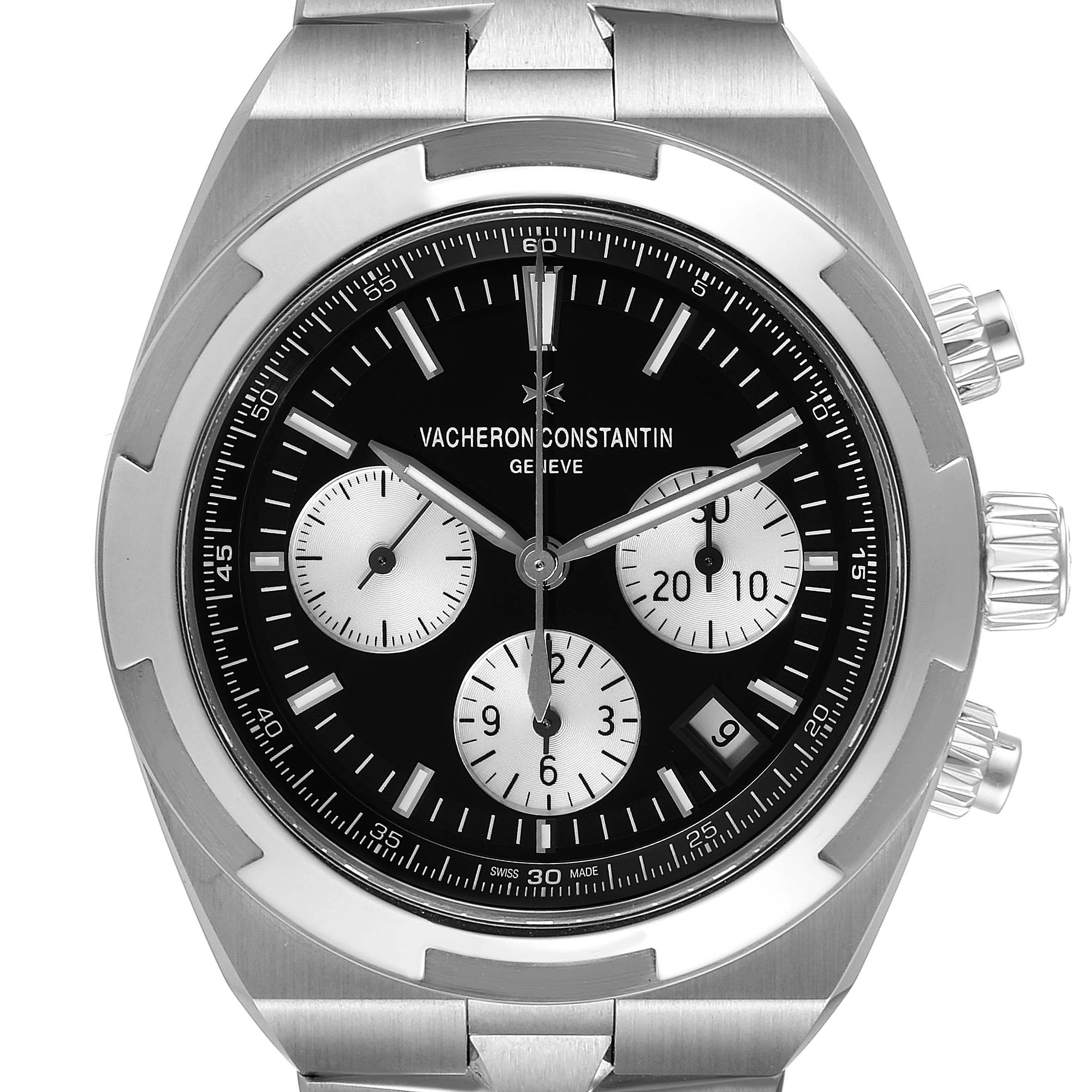 The image shows a front view of the Vacheron Constantin Overseas 5500V/110A Men's Stainless Steel Black Dial 5500V/110A Men's Stainless Steel Black Dial watch, displaying the dial, crown, and pushers.