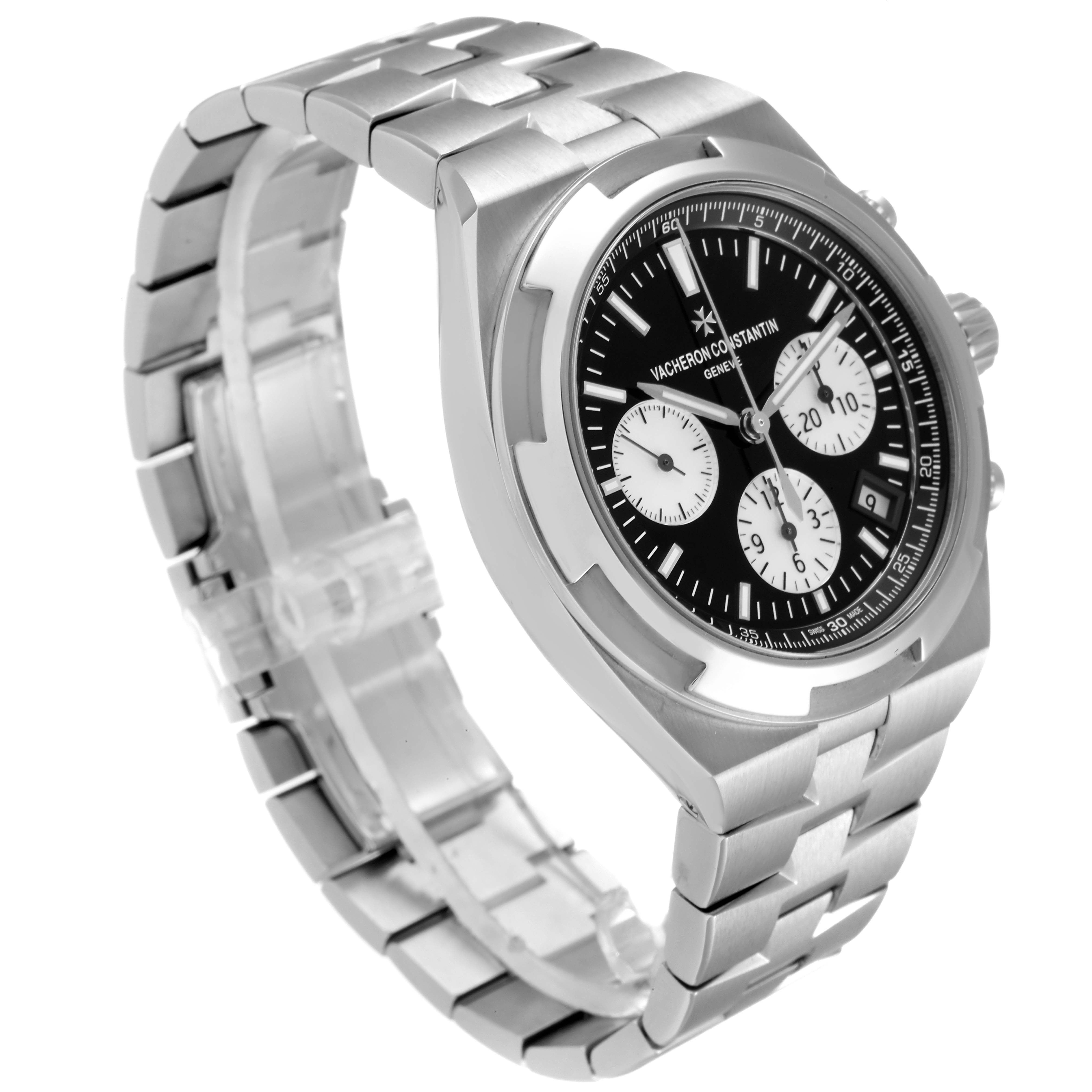 This image shows a side-angle view of the Vacheron Constantin Overseas 5500V/110A Men's Stainless Steel Black Dial 5500V/110A Men's Stainless Steel Black Dial model, highlighting its face, bezel, and bracelet.