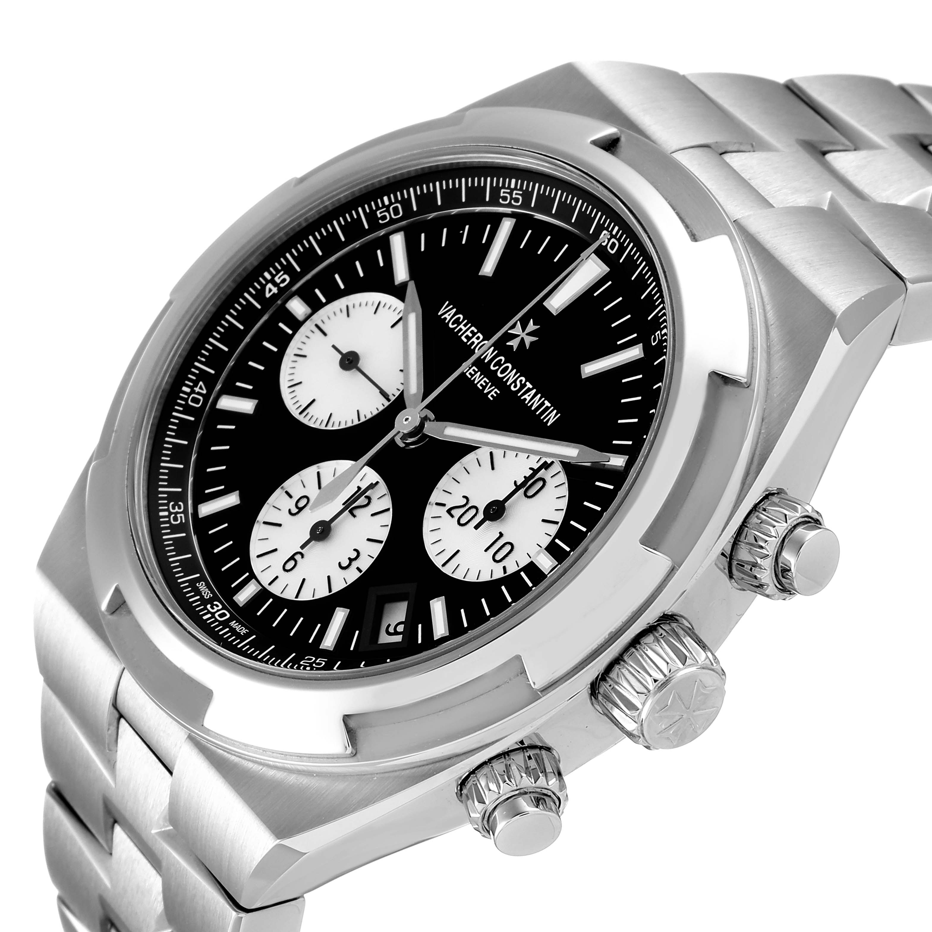 The Vacheron Constantin Overseas 5500V/110A Men's Stainless Steel Black Dial 5500V/110A Men's Stainless Steel Black Dial model is shown from a slight side angle, highlighting its chronograph subdials, bezel, and crown.
