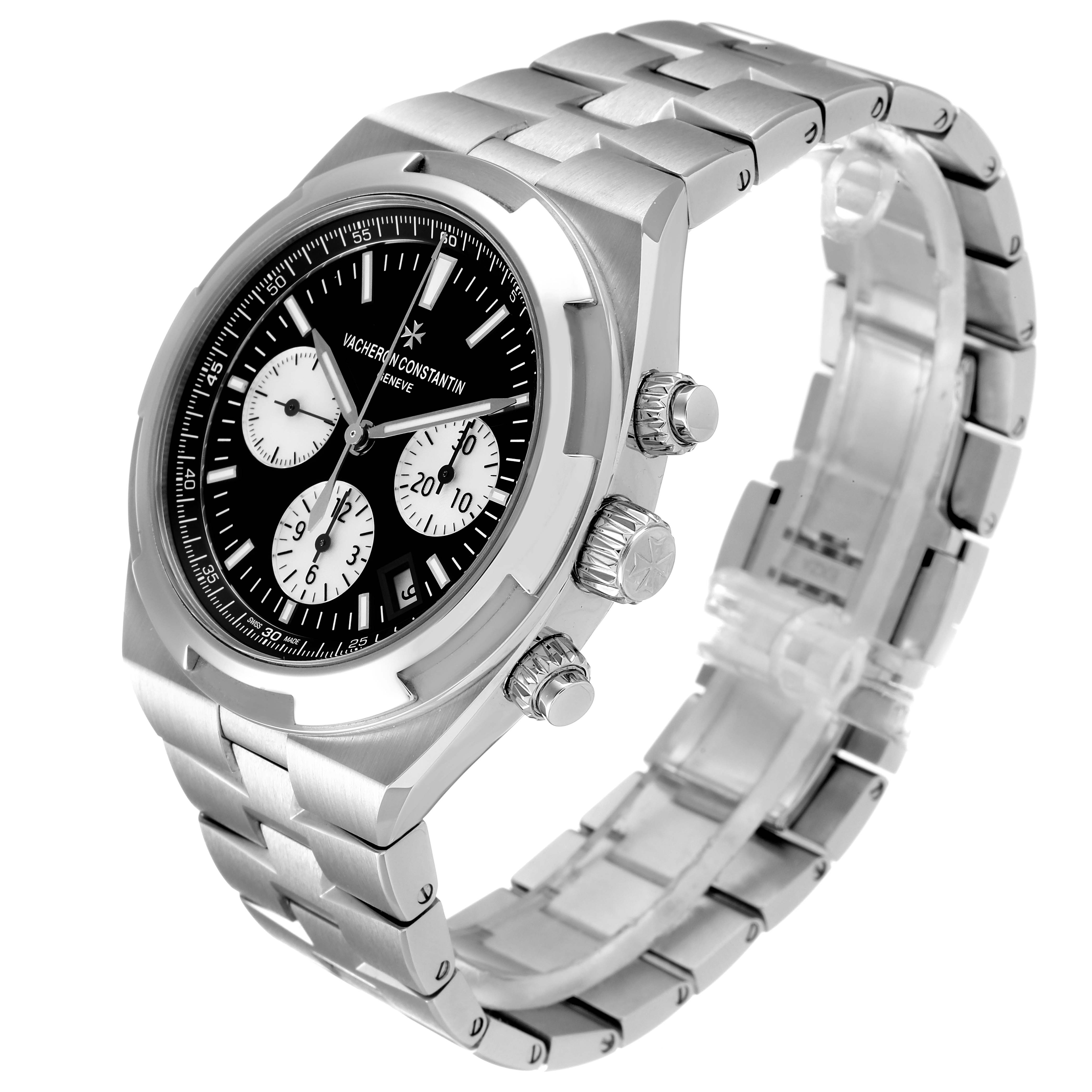 This image shows the Vacheron Constantin Overseas 5500V/110A Men's Stainless Steel Black Dial 5500V/110A Men's Stainless Steel Black Dial watch at a three-quarter angle, displaying its dial, case, crown, and bracelet.