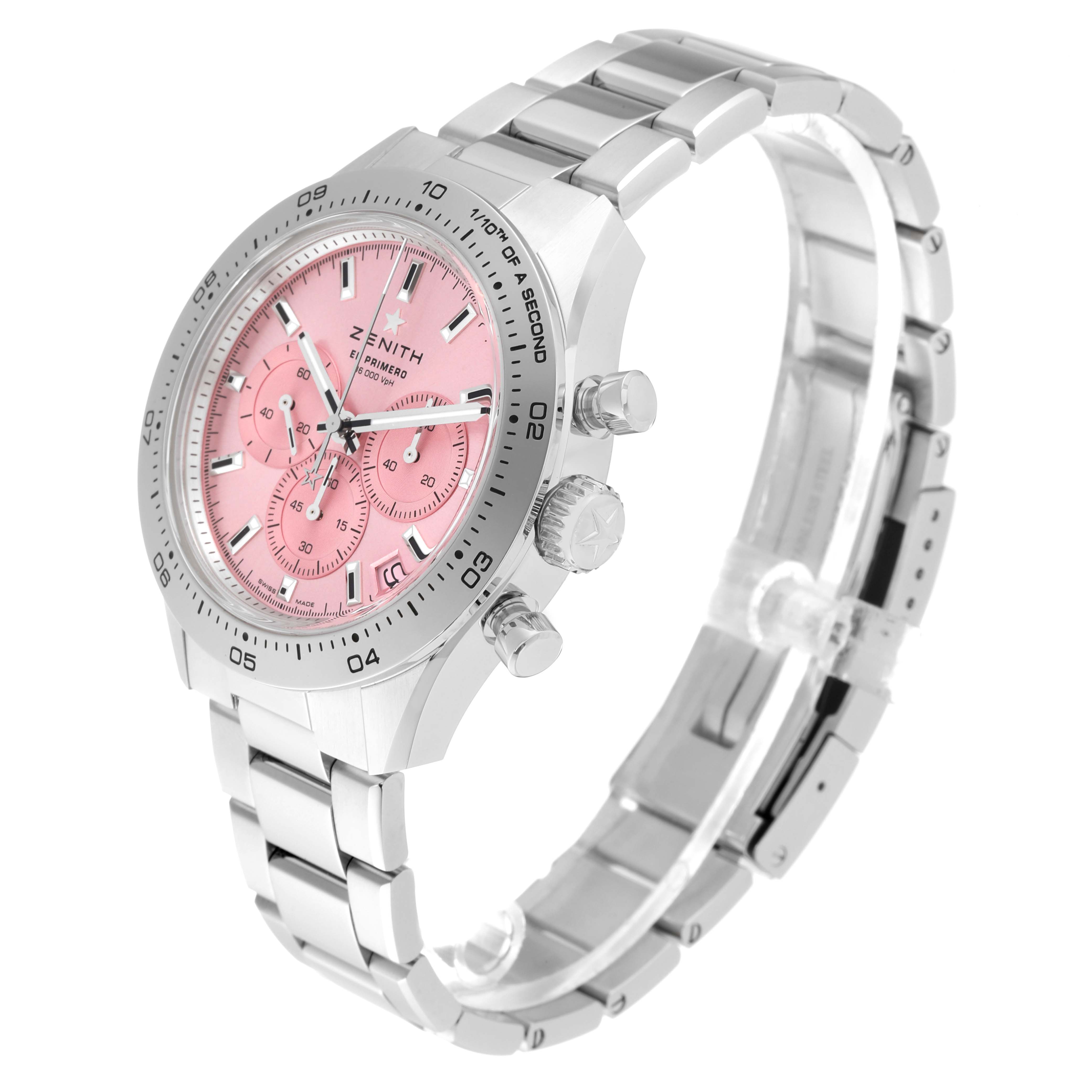 The image shows a Zenith Chronomaster 03.3109.3600/18.M3100 Men's Stainless Steel Pink Dial 03.3109.3600/18.M3100 Men's Stainless Steel Pink Dial watch with a pink dial and silver metal bracelet, viewed at an angle showcasing the face, sides, and bracelet.
