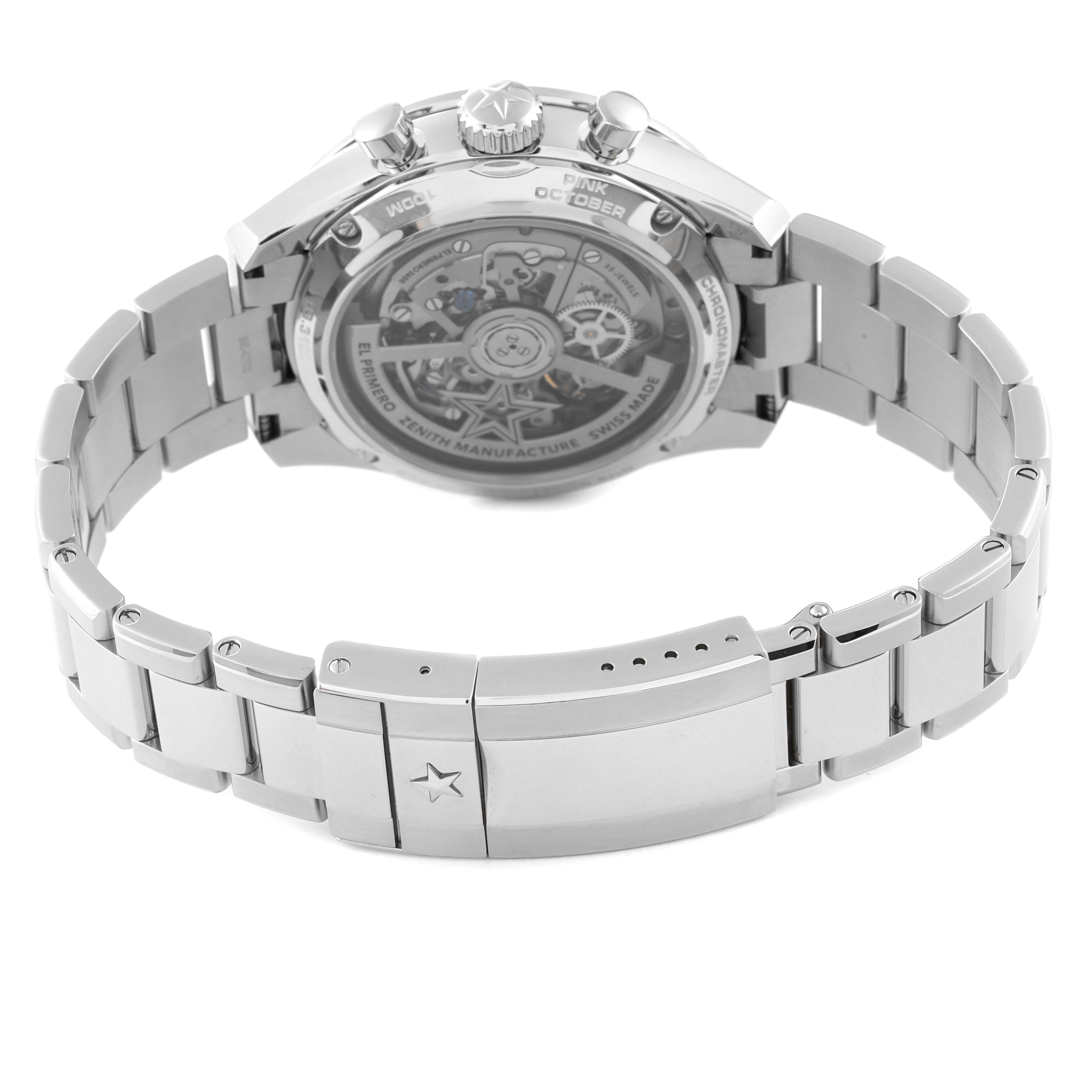 This image shows the back and bracelet of the Zenith Chronomaster 03.3109.3600/18.M3100 Men's Stainless Steel Pink Dial 03.3109.3600/18.M3100 Men's Stainless Steel Pink Dial watch at a slightly angled rear view.