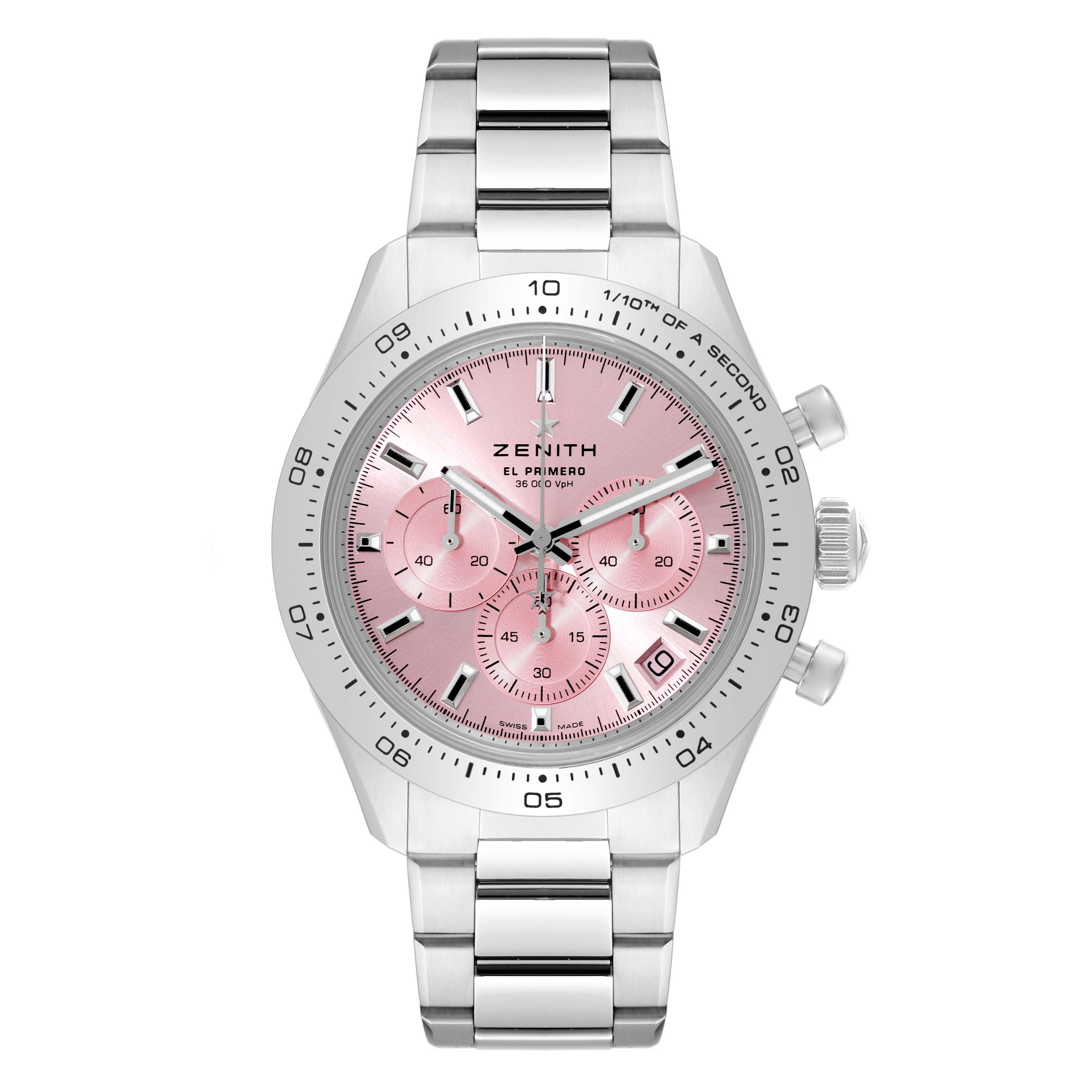 This is a frontal view of the Zenith Chronomaster 03.3109.3600/18.M3100 Men's Stainless Steel Pink Dial 03.3109.3600/18.M3100 Men's Stainless Steel Pink Dial watch, showcasing its pink dial and stainless steel bracelet.