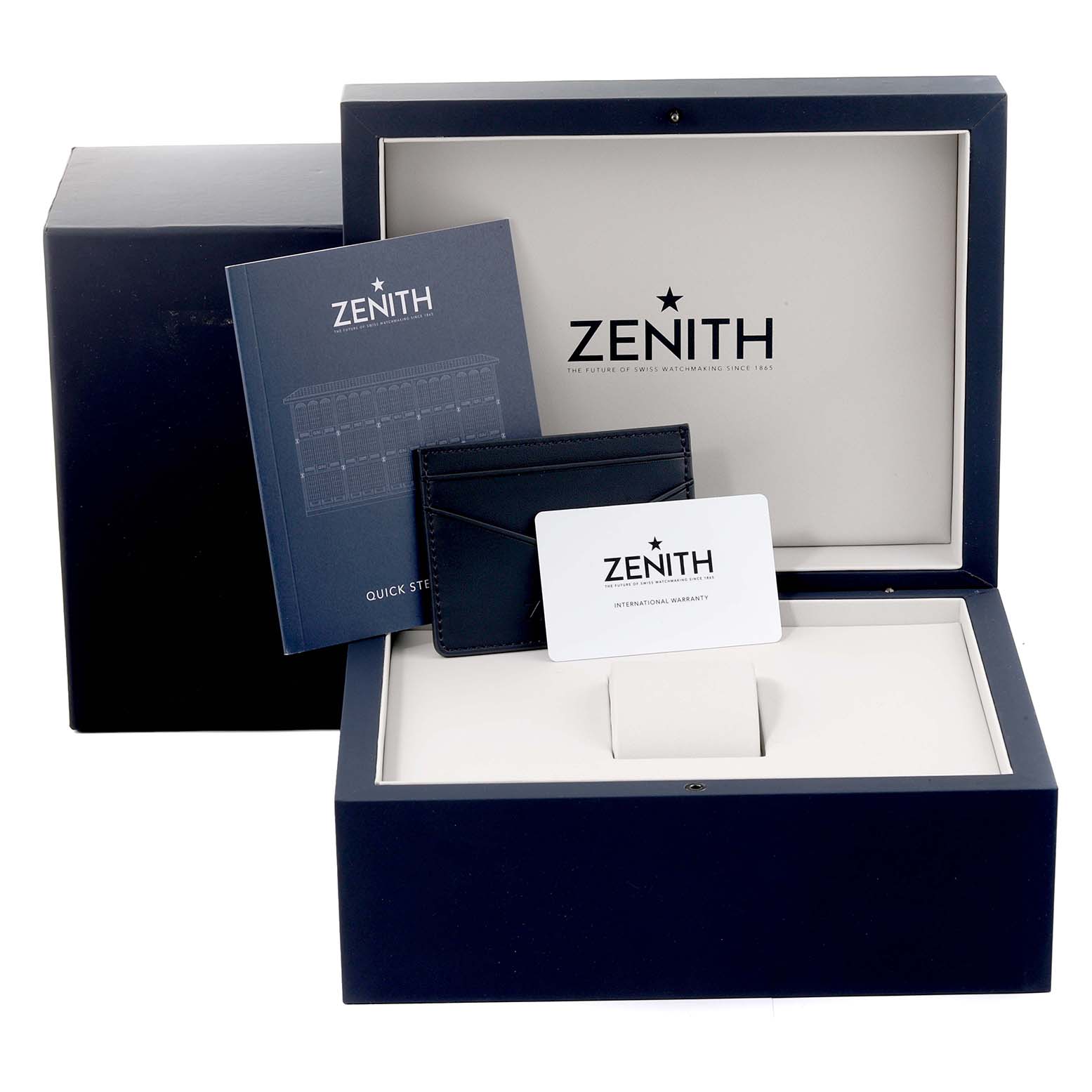 The image shows a Zenith Chronomaster 03.3109.3600/18.M3100 Men's Stainless Steel Pink Dial 03.3109.3600/18.M3100 Men's Stainless Steel Pink Dial watch box with documentation and a warranty card from a straight-on angle.