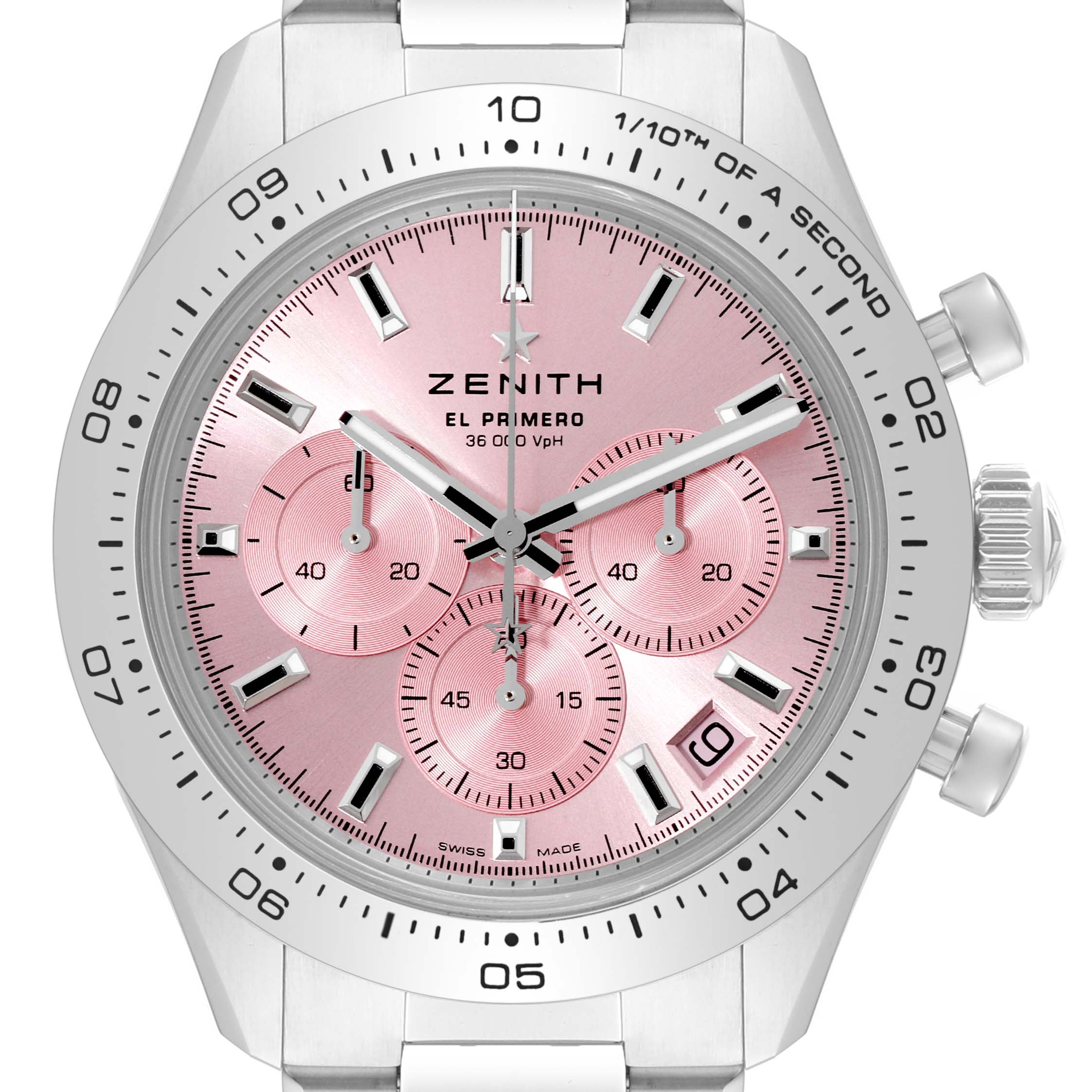 The image shows the front view of a Zenith Chronomaster 03.3109.3600/18.M3100 Men's Stainless Steel Pink Dial 03.3109.3600/18.M3100 Men's Stainless Steel Pink Dial El Primero watch with a pink dial and three sub-dials.