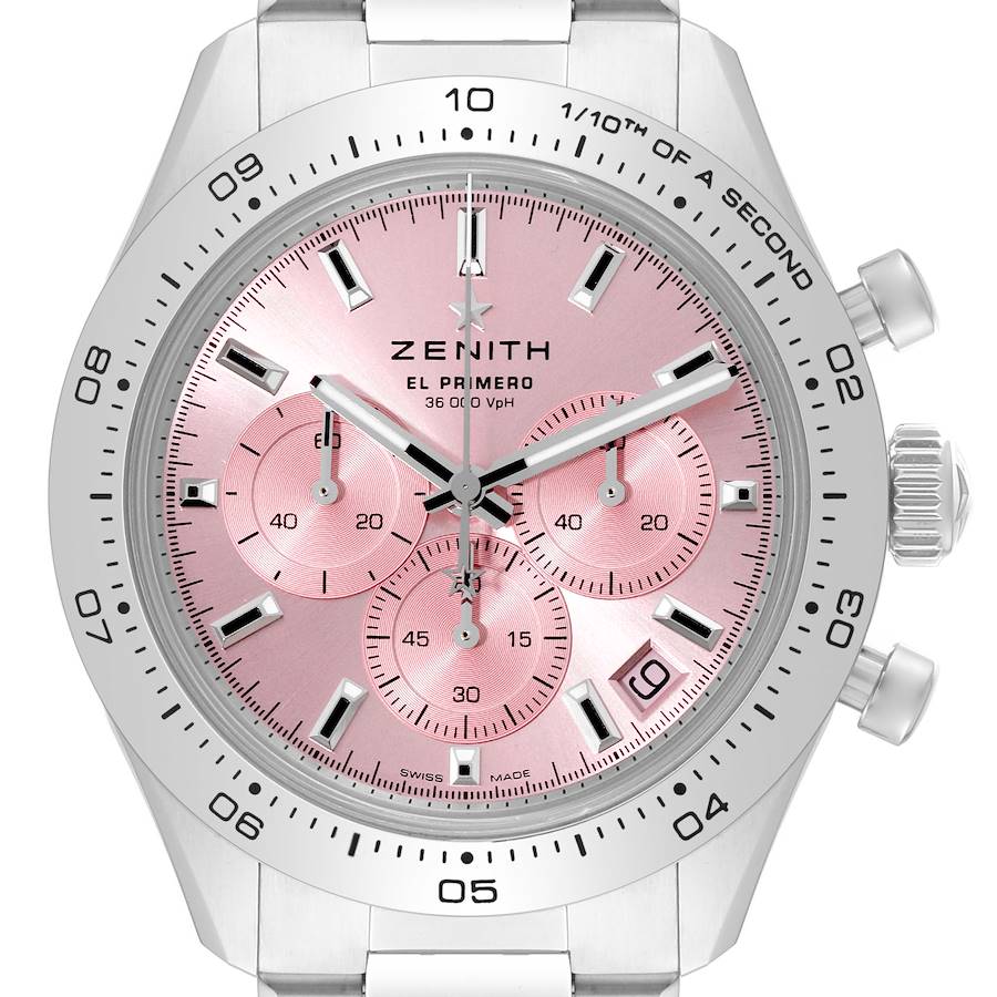 The image shows the front view of a Zenith Chronomaster El Primero watch with a pink dial and three sub-dials.