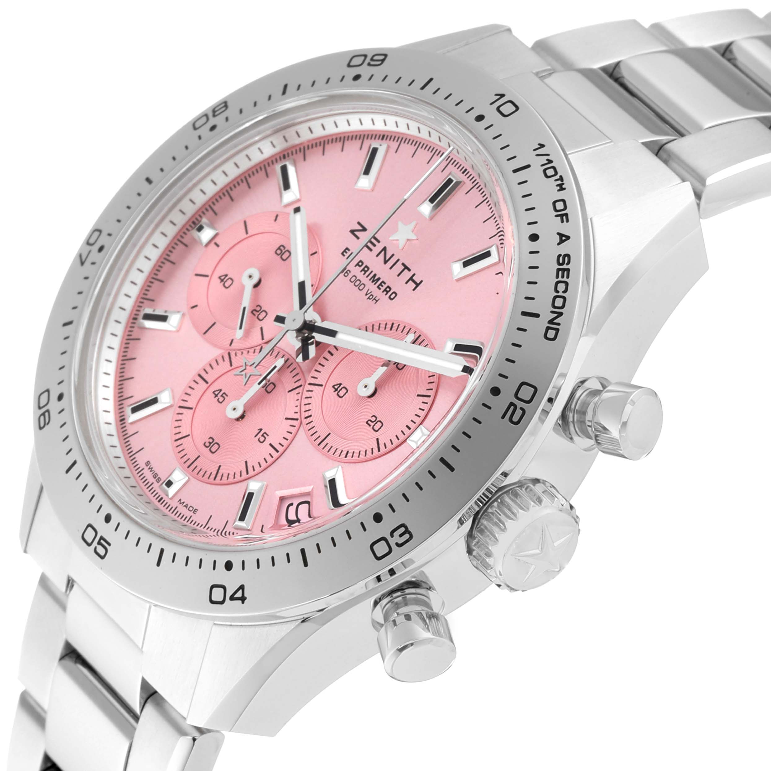 This image shows a Zenith Chronomaster 03.3109.3600/18.M3100 Men's Stainless Steel Pink Dial 03.3109.3600/18.M3100 Men's Stainless Steel Pink Dial watch at an angle highlighting its pink dial, bezel, and stainless steel bracelet.