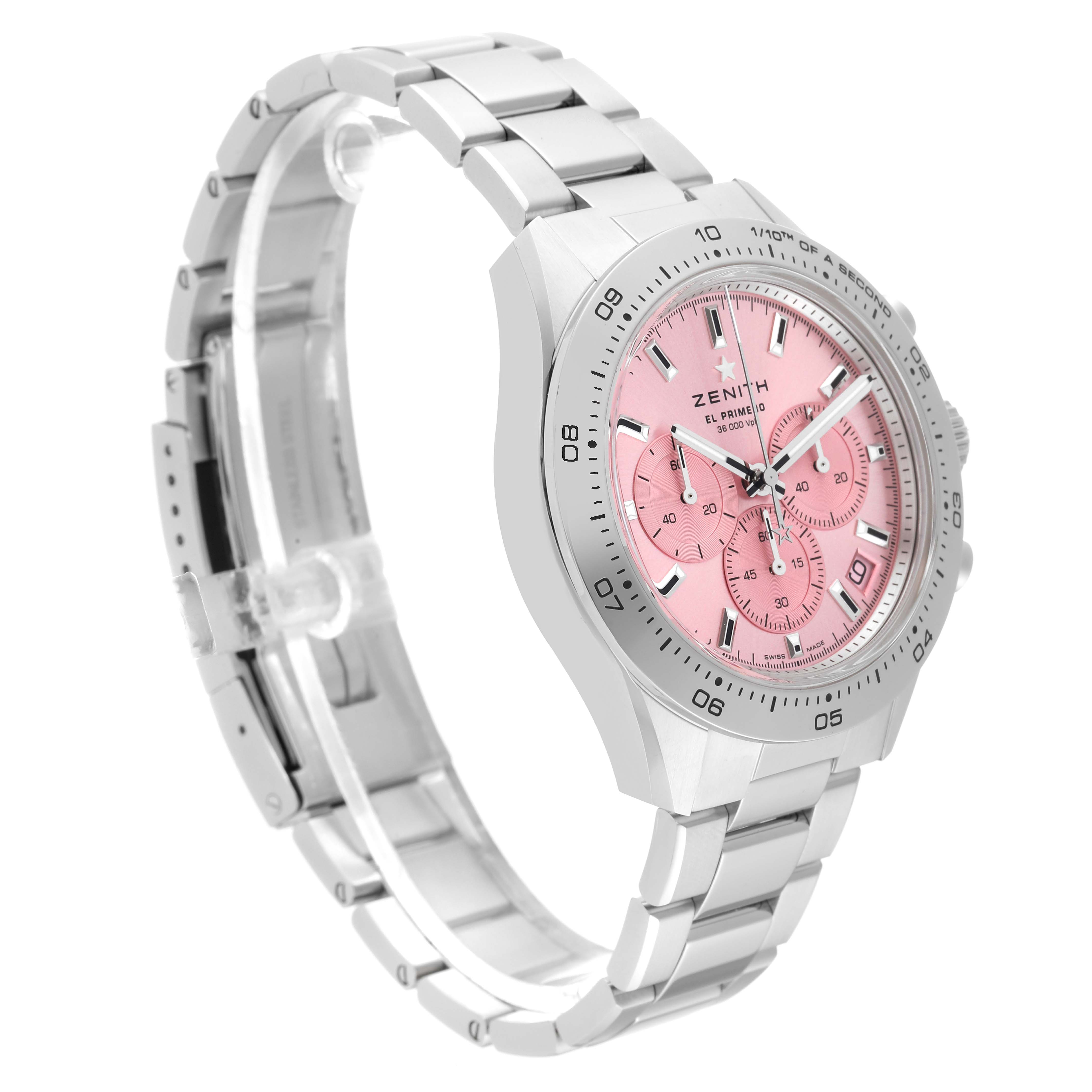 This Zenith Chronomaster 03.3109.3600/18.M3100 Men's Stainless Steel Pink Dial 03.3109.3600/18.M3100 Men's Stainless Steel Pink Dial watch is shown at a slight angle displaying its pink dial, chronograph subdials, stainless steel case, and bracelet.