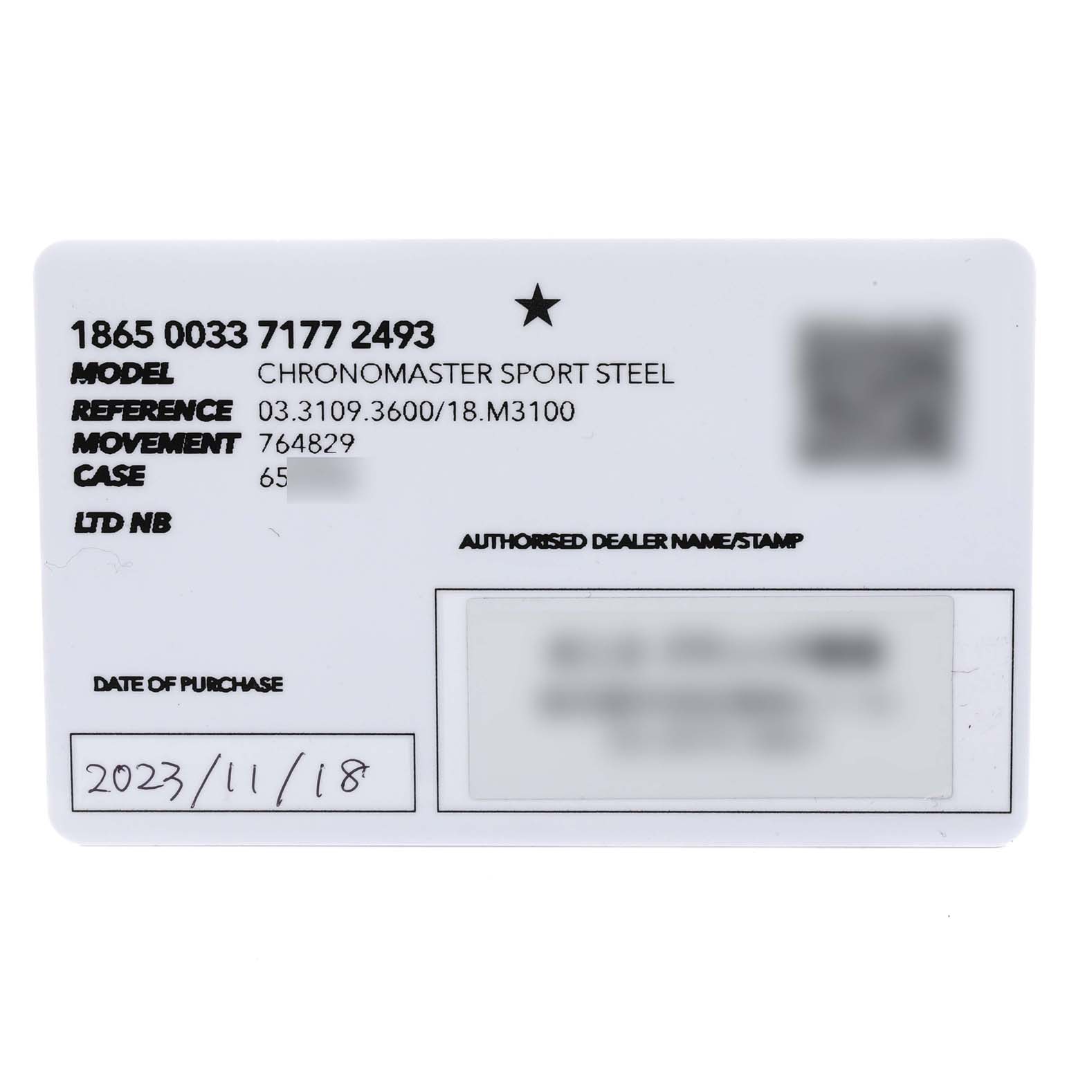 The image shows a warranty card for the Zenith Chronomaster 03.3109.3600/18.M3100 Men's Stainless Steel Pink Dial 03.3109.3600/18.M3100 Men's Stainless Steel Pink Dial Sport Steel watch model.