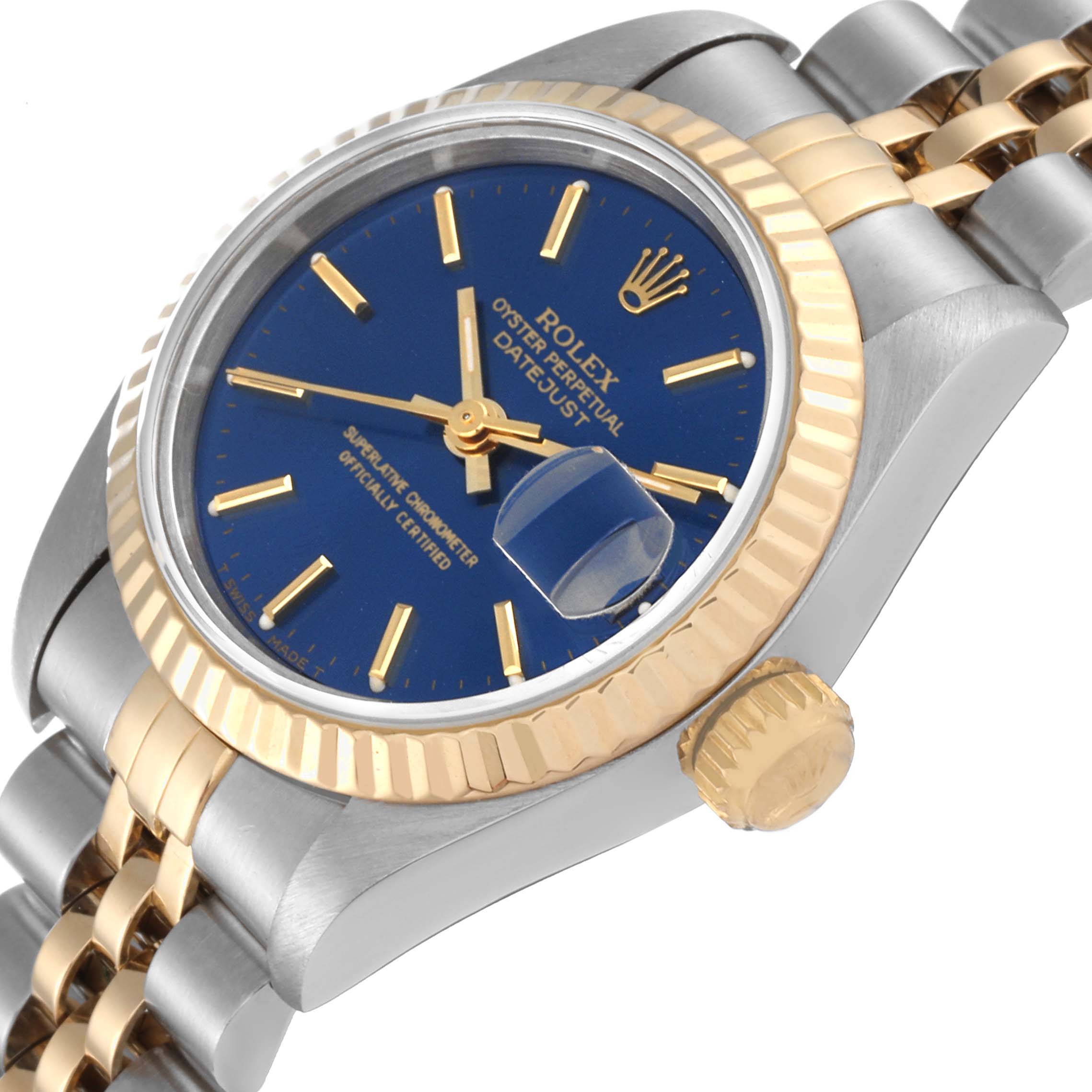 The image shows a close-up side angle of a Rolex Datejust 69173 Women's Steel and Gold (two tone) Blue Dial 69173 Women's Steel and Gold (two tone) Blue Dial watch, highlighting the blue dial, fluted gold bezel, and Jubilee bracelet.
