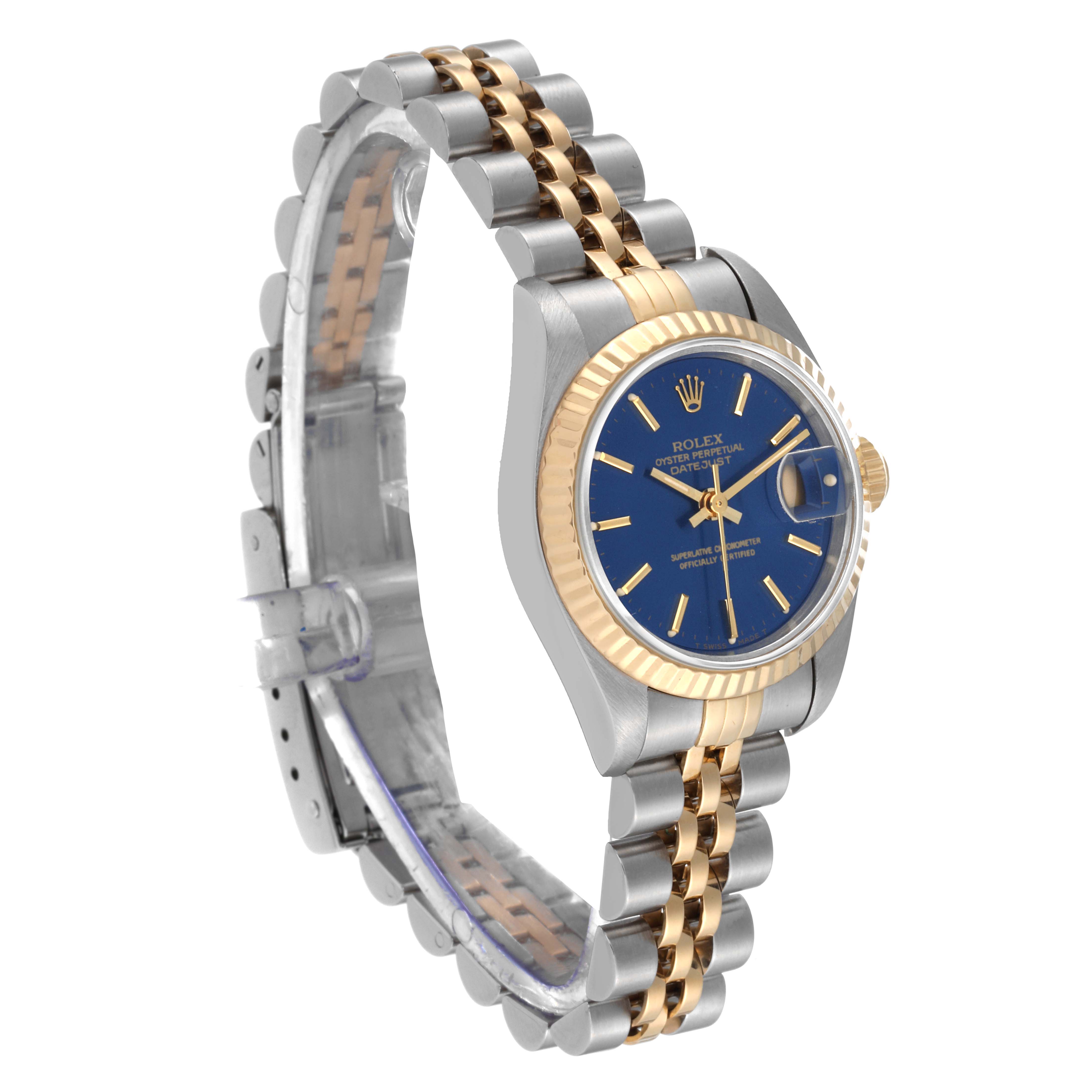 This image shows the Rolex Datejust 69173 Women's Steel and Gold (two tone) Blue Dial 69173 Women's Steel and Gold (two tone) Blue Dial watch at an angle, highlighting its two-tone bracelet, blue dial, fluted bezel, and date window.