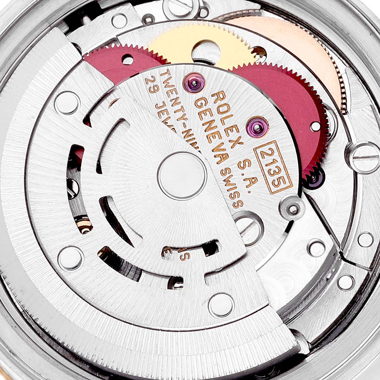 This image shows the internal mechanical movement of a Rolex Datejust 69173 Women's Steel and Gold (two tone) Blue Dial 69173 Women's Steel and Gold (two tone) Blue Dial watch at a close-up angle.