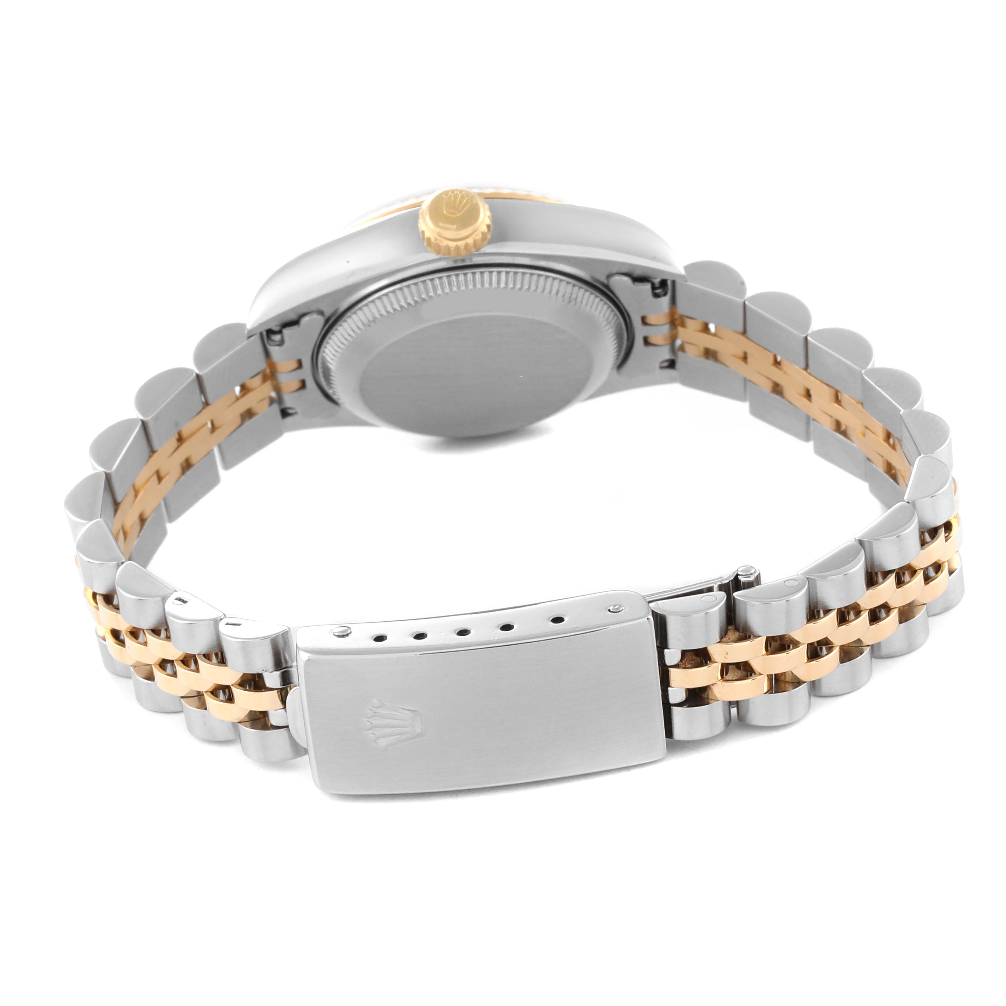 This image shows the back angle of a Rolex Datejust 69173 Women's Steel and Gold (two tone) Blue Dial 69173 Women's Steel and Gold (two tone) Blue Dial watch, highlighting the case back, crown, and the two-tone metal bracelet clasp.