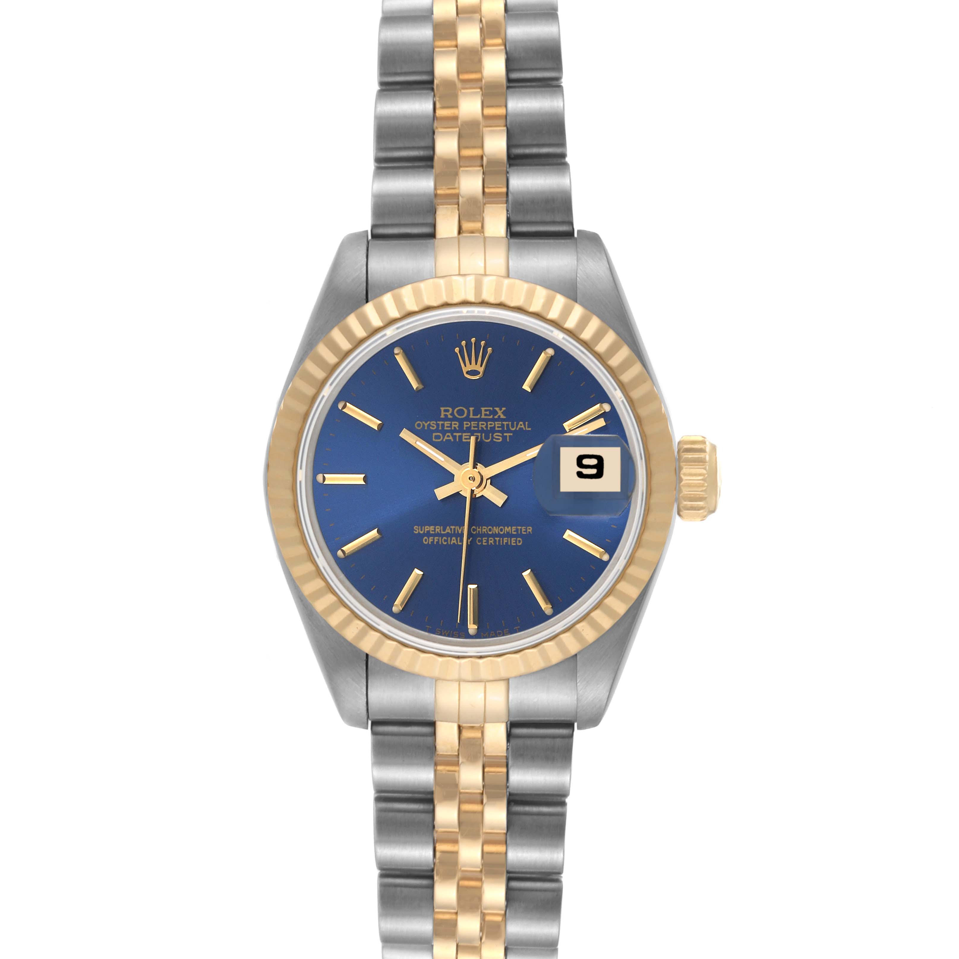 The image shows a frontal view of a Rolex Datejust 69173 Women's Steel and Gold (two tone) Blue Dial 69173 Women's Steel and Gold (two tone) Blue Dial watch, highlighting its blue dial, date window, and two-tone bracelet.