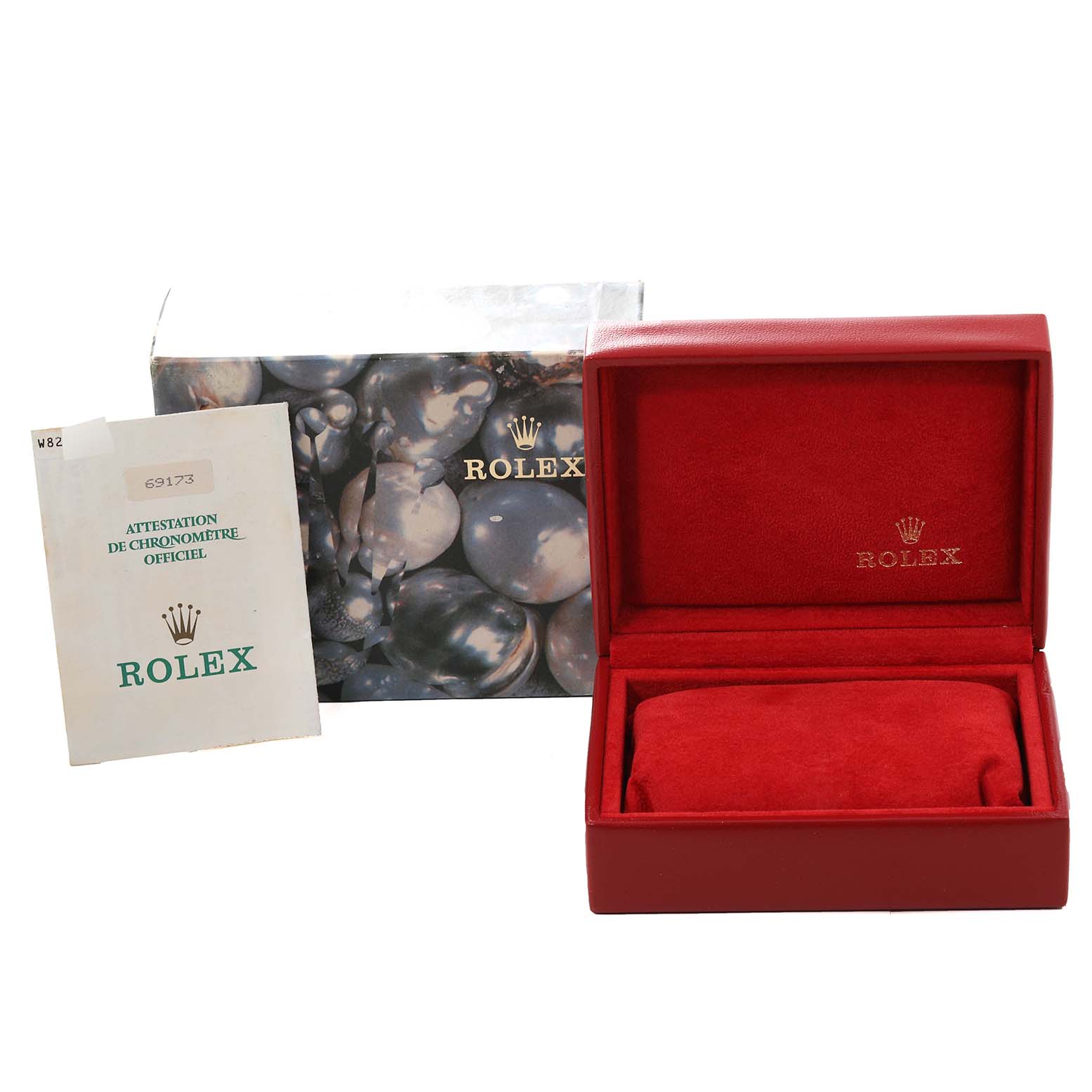 The image shows a Rolex Datejust 69173 Women's Steel and Gold (two tone) Blue Dial 69173 Women's Steel and Gold (two tone) Blue Dial box with official certification papers and outer packaging from a frontal angle.