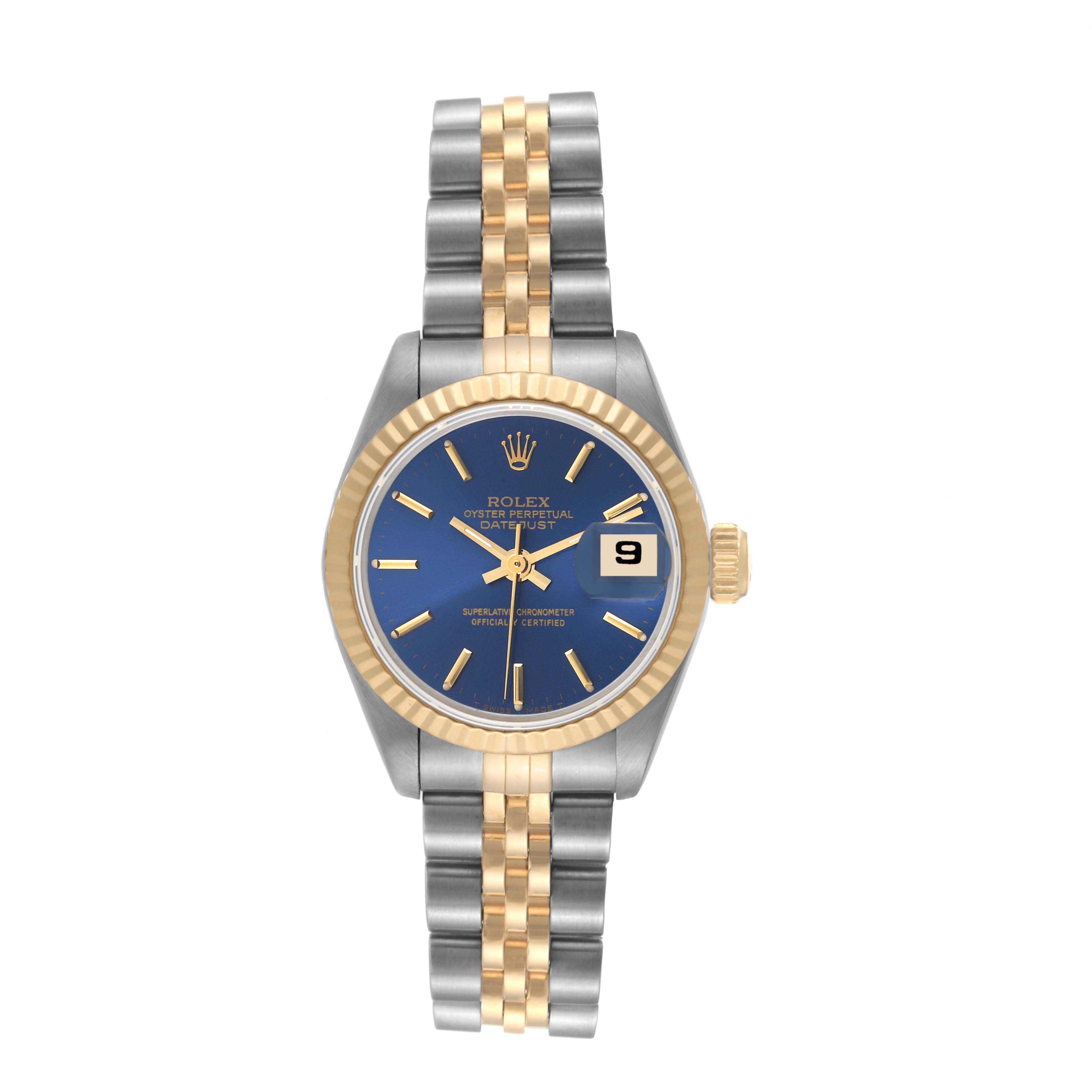 The image shows a front view of a Rolex Datejust 69173 Women's Steel and Gold (two tone) Blue Dial 69173 Women's Steel and Gold (two tone) Blue Dial watch, displaying the blue dial, two-tone band, gold fluted bezel, and date window.