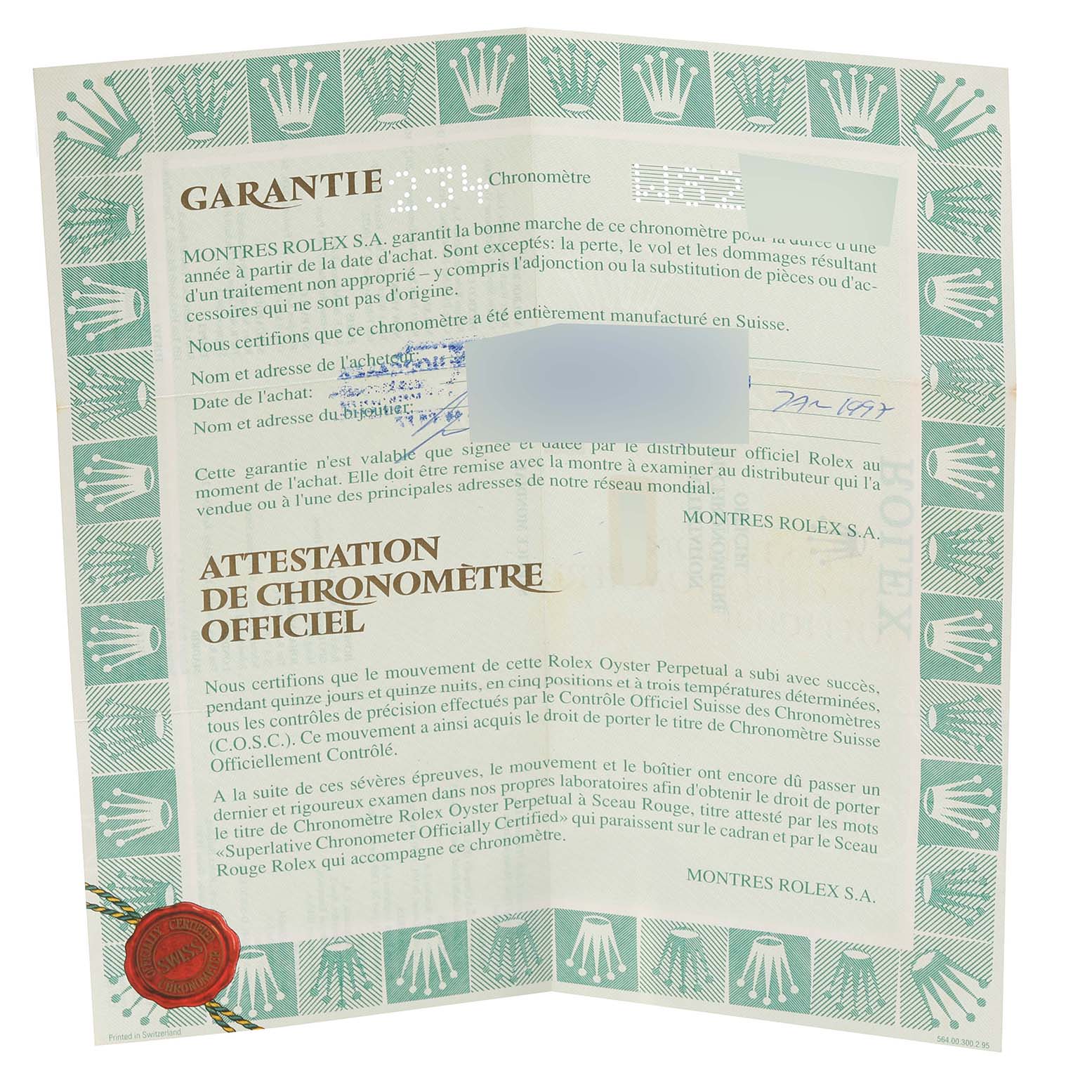 This image shows the warranty and official chronometer certificate for a Rolex Datejust 69173 Women's Steel and Gold (two tone) Blue Dial 69173 Women's Steel and Gold (two tone) Blue Dial model.