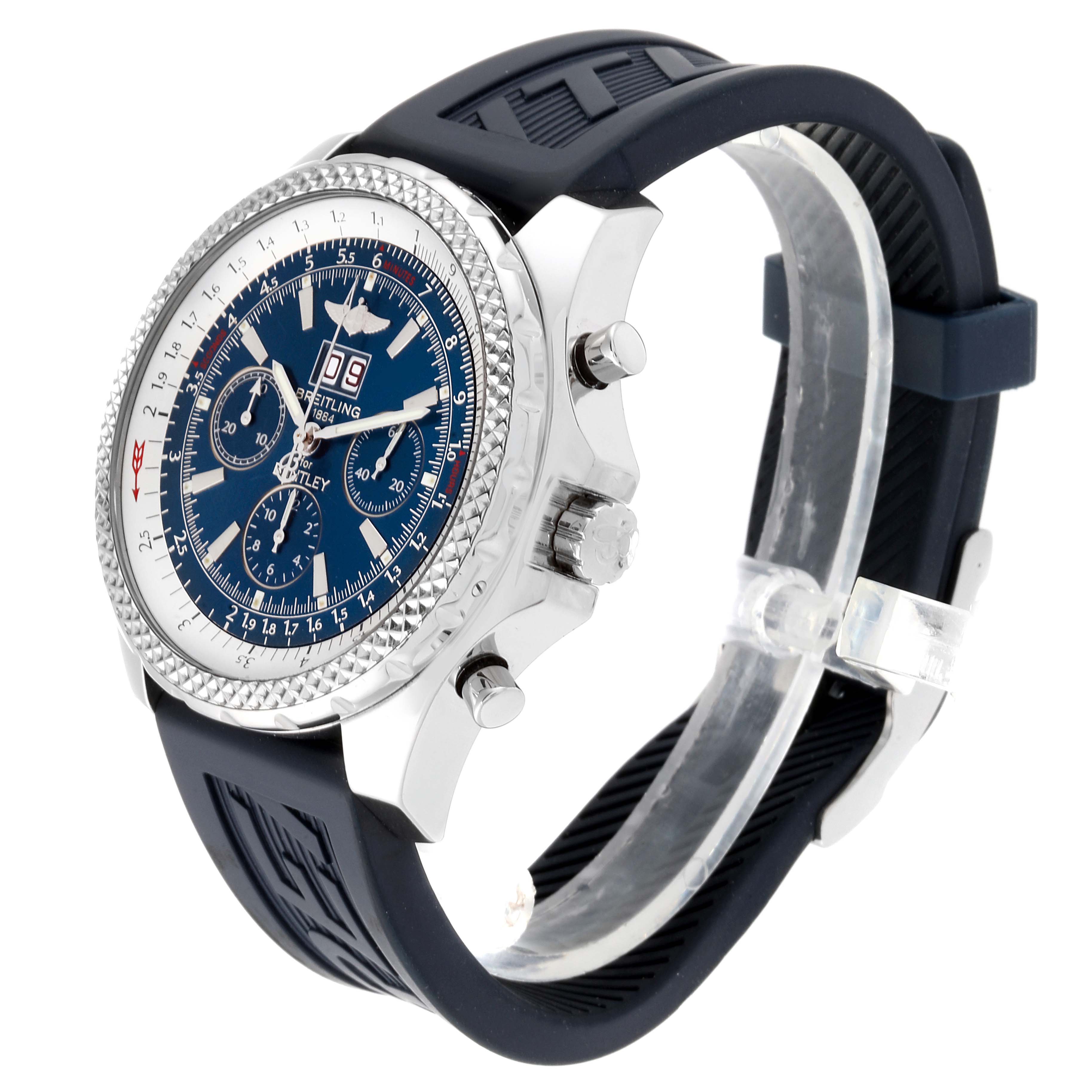 The Breitling Bentley A44362 Men's Stainless Steel Blue Dial A44362 Men's Stainless Steel Blue Dial watch is shown at a three-quarter angle, displaying the face, bezel, crown, pushers, and strap.