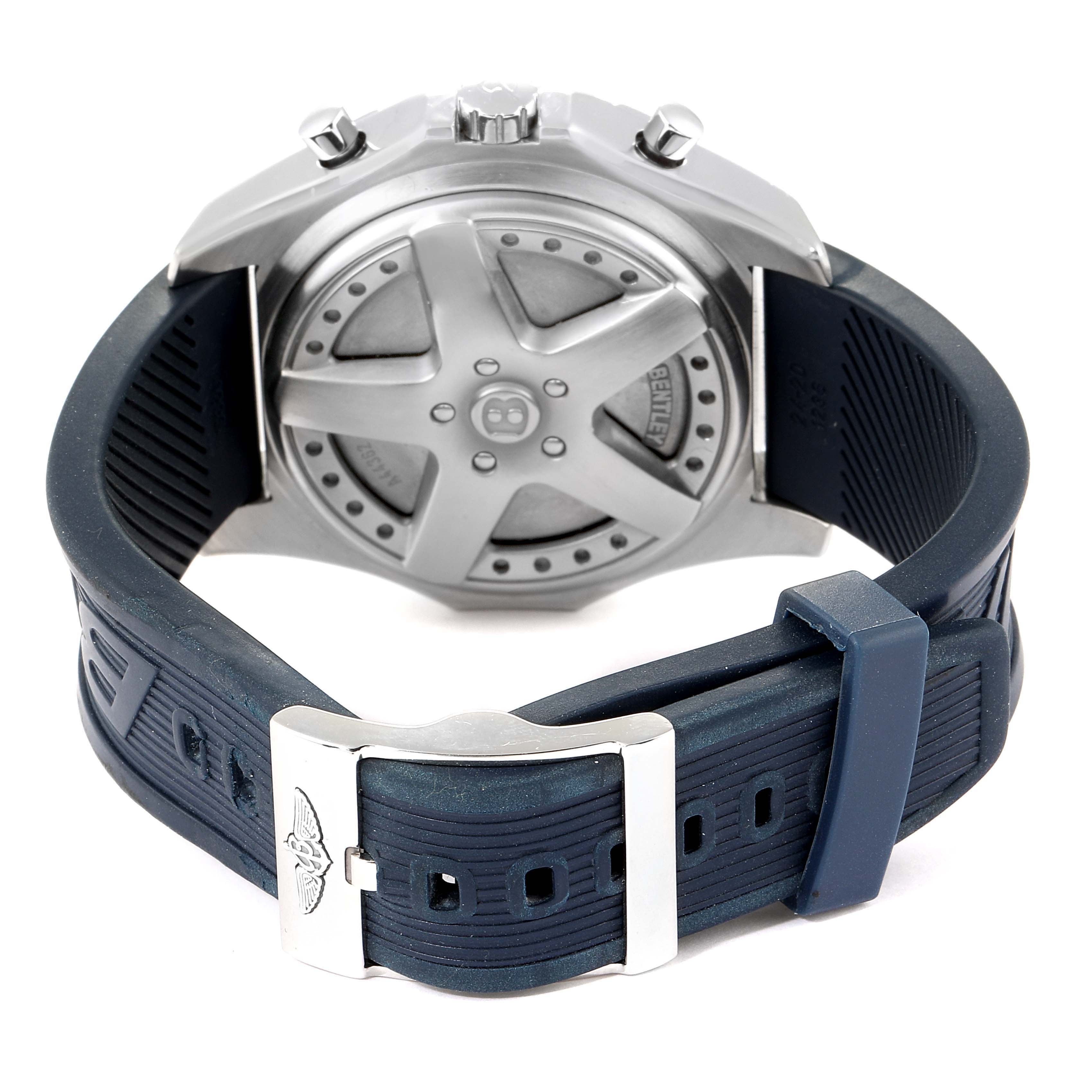 Rear view of the Breitling Bentley A44362 Men's Stainless Steel Blue Dial A44362 Men's Stainless Steel Blue Dial watch, showcasing the case back, strap, and clasp.