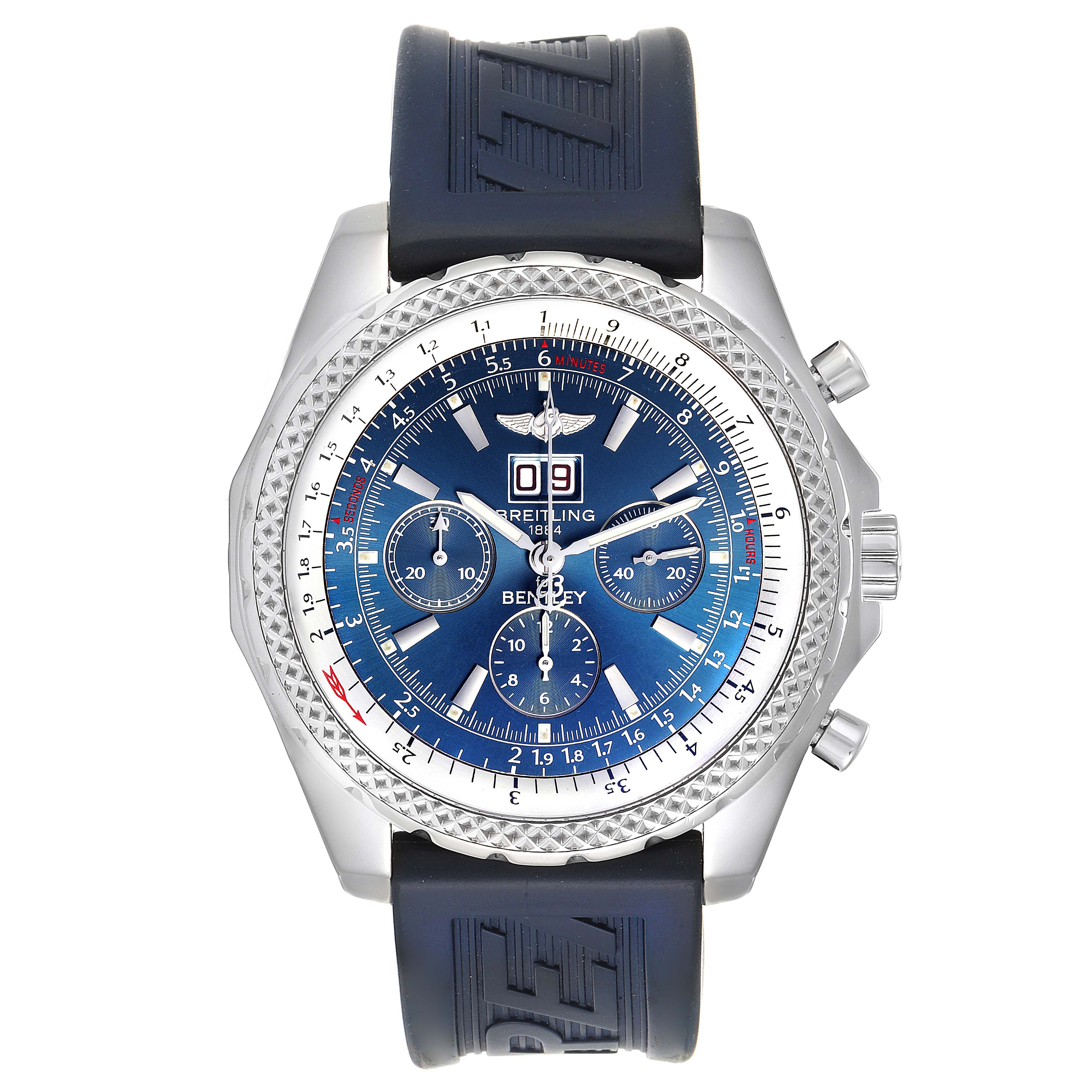 This image shows a front view of a Breitling Bentley A44362 Men's Stainless Steel Blue Dial A44362 Men's Stainless Steel Blue Dial watch, highlighting the blue dial, chronograph subdials, and black strap.