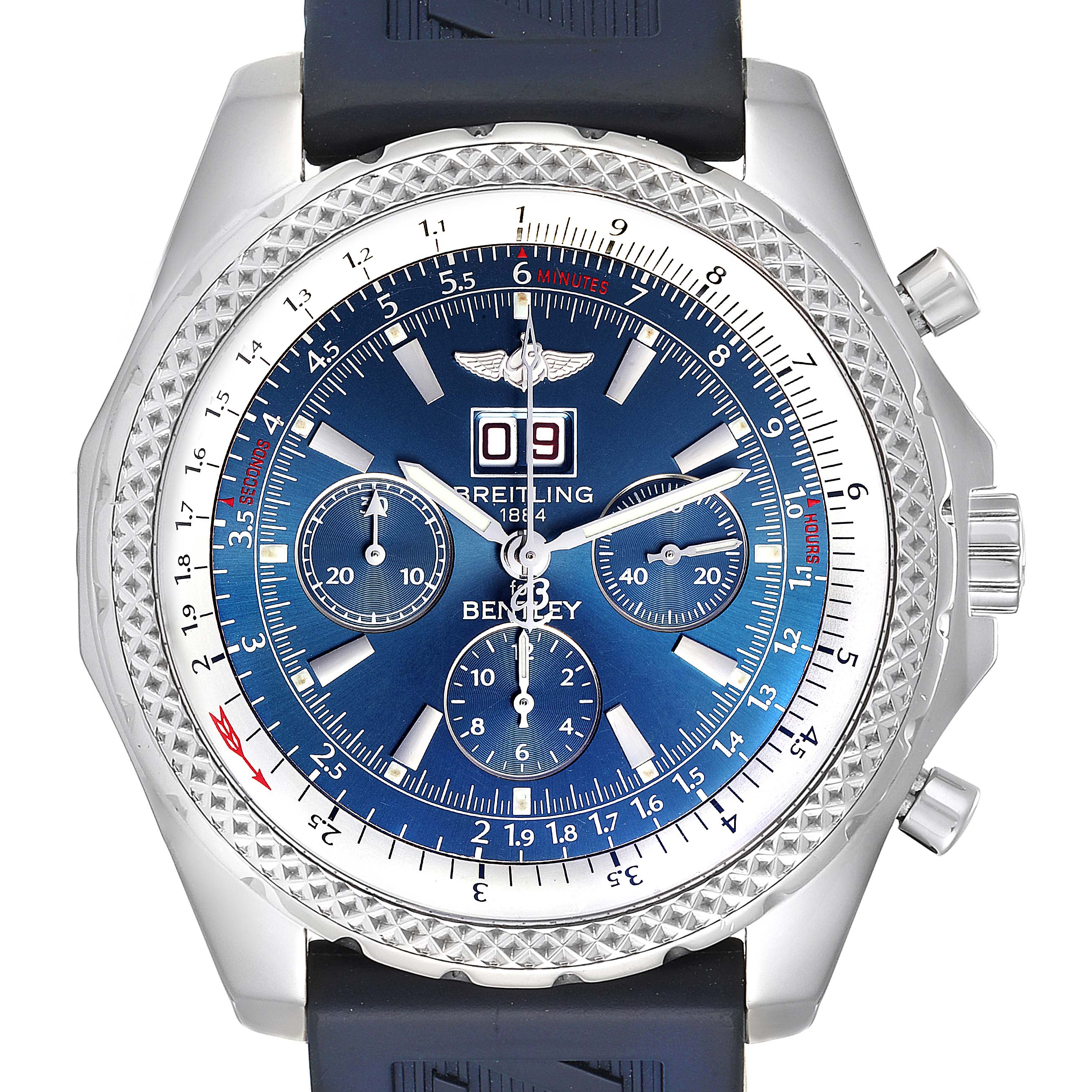 The image shows a front view of the Breitling Bentley A44362 Men's Stainless Steel Blue Dial A44362 Men's Stainless Steel Blue Dial watch, displaying the bezel, crown, sub-dials, and strap.
