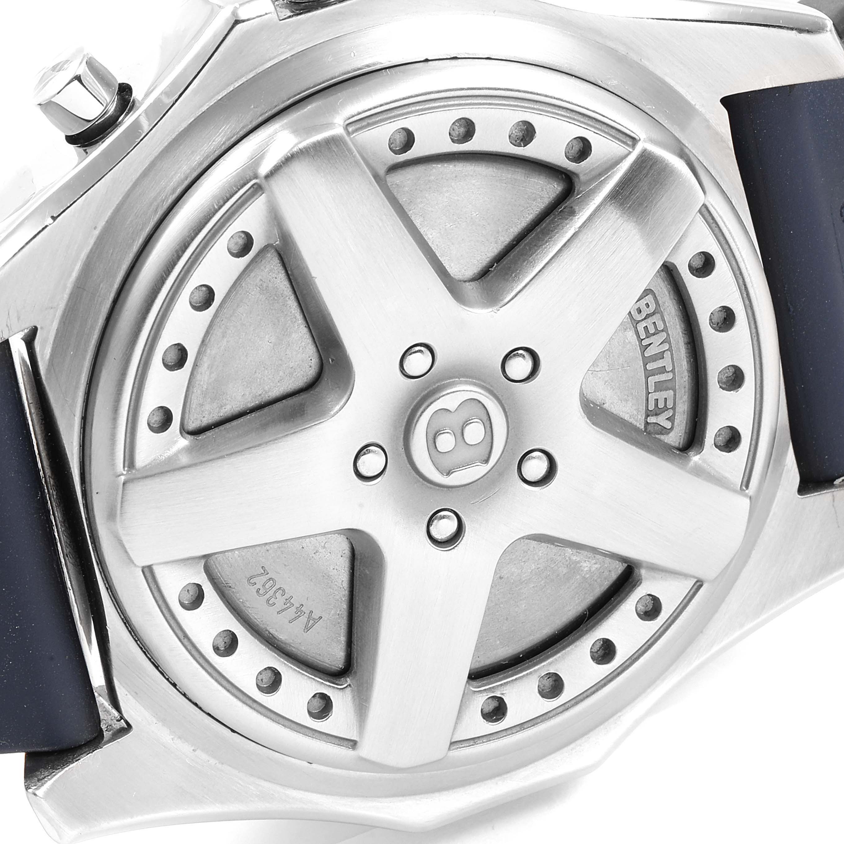 This shows the back view of the Breitling Bentley A44362 Men's Stainless Steel Blue Dial A44362 Men's Stainless Steel Blue Dial watch, highlighting its case design.