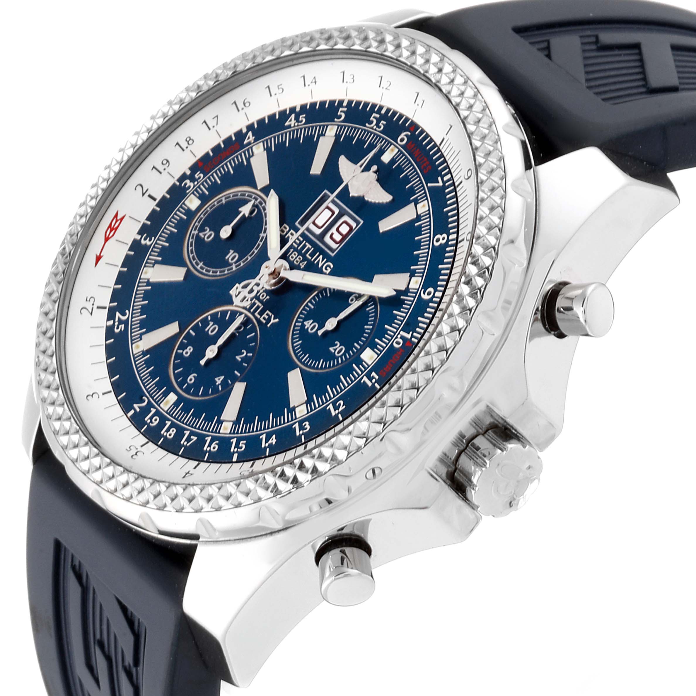 The Breitling Bentley A44362 Men's Stainless Steel Blue Dial A44362 Men's Stainless Steel Blue Dial watch is shown from a side angle, displaying the bezel, crown, pushers, and part of the strap.